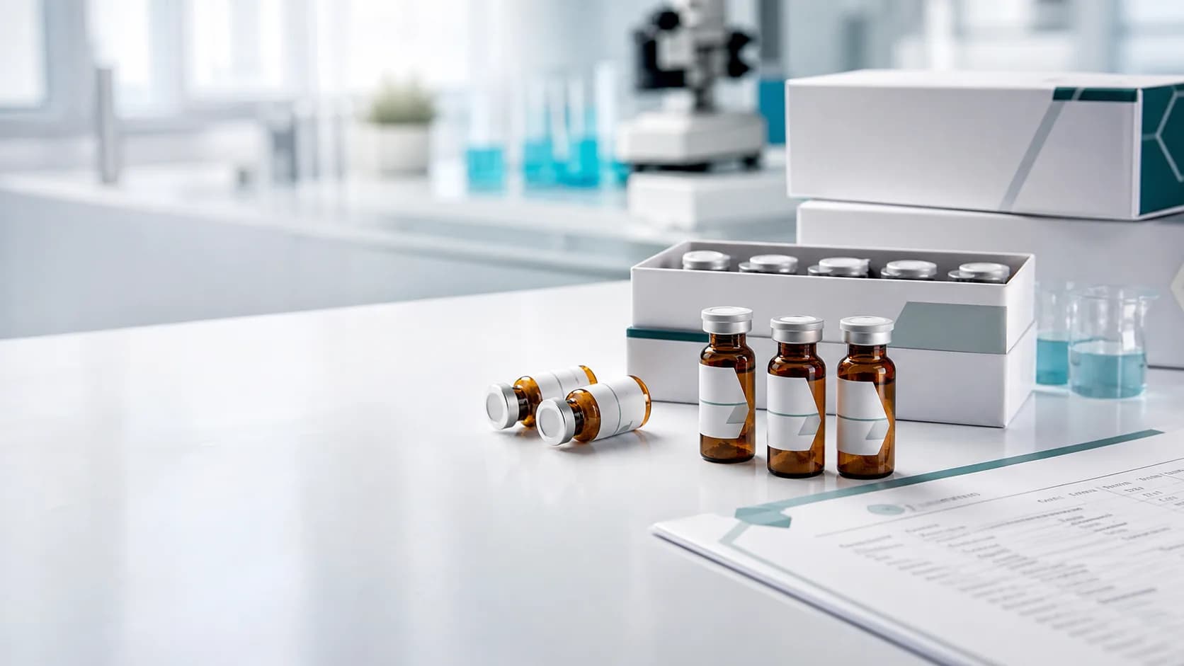 Laborarbeitsplatz mit Amberglas-Vials, offener Verpackung, Reagenzgläsern und Prüfdokumenten