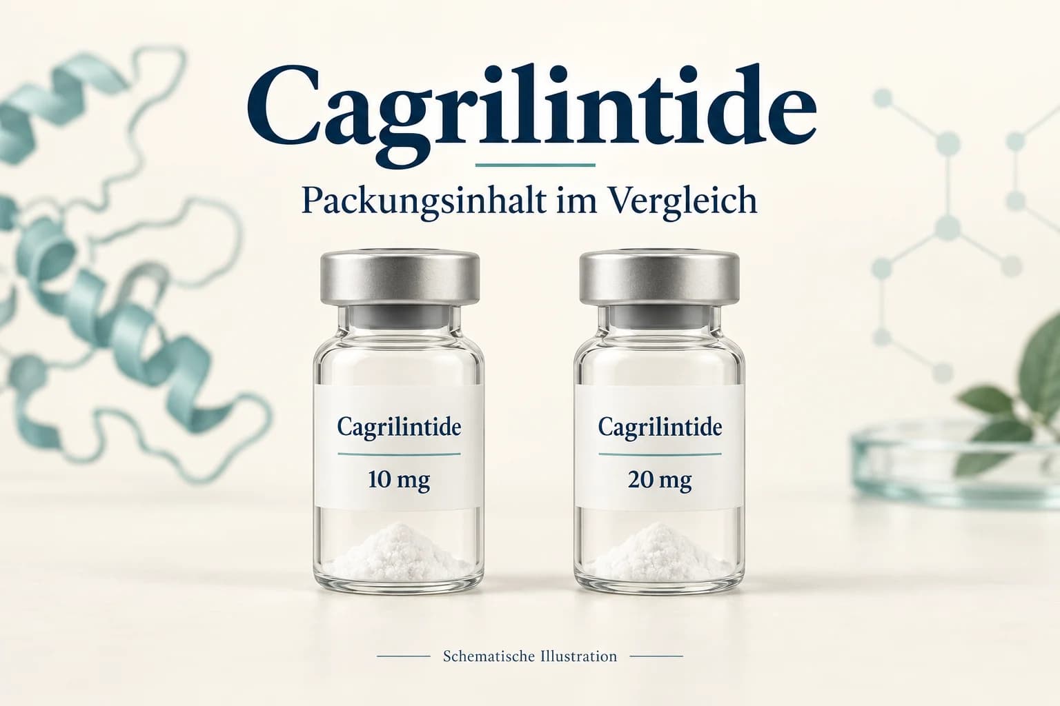 Zwei gleich große schematische Cagrilintide-Vials mit den Packungsinhalten 10 mg und 20 mg