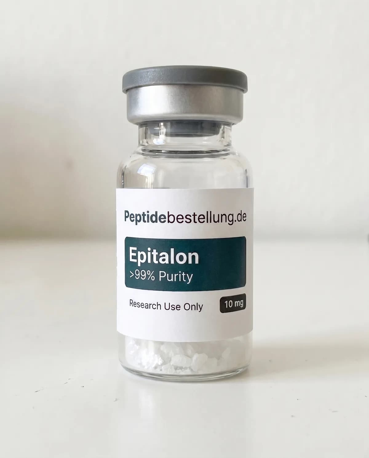 Epitalon 10 mg Forschungspeptid als klares Vial mit Frontetikett und lyophilisiertem Pulver