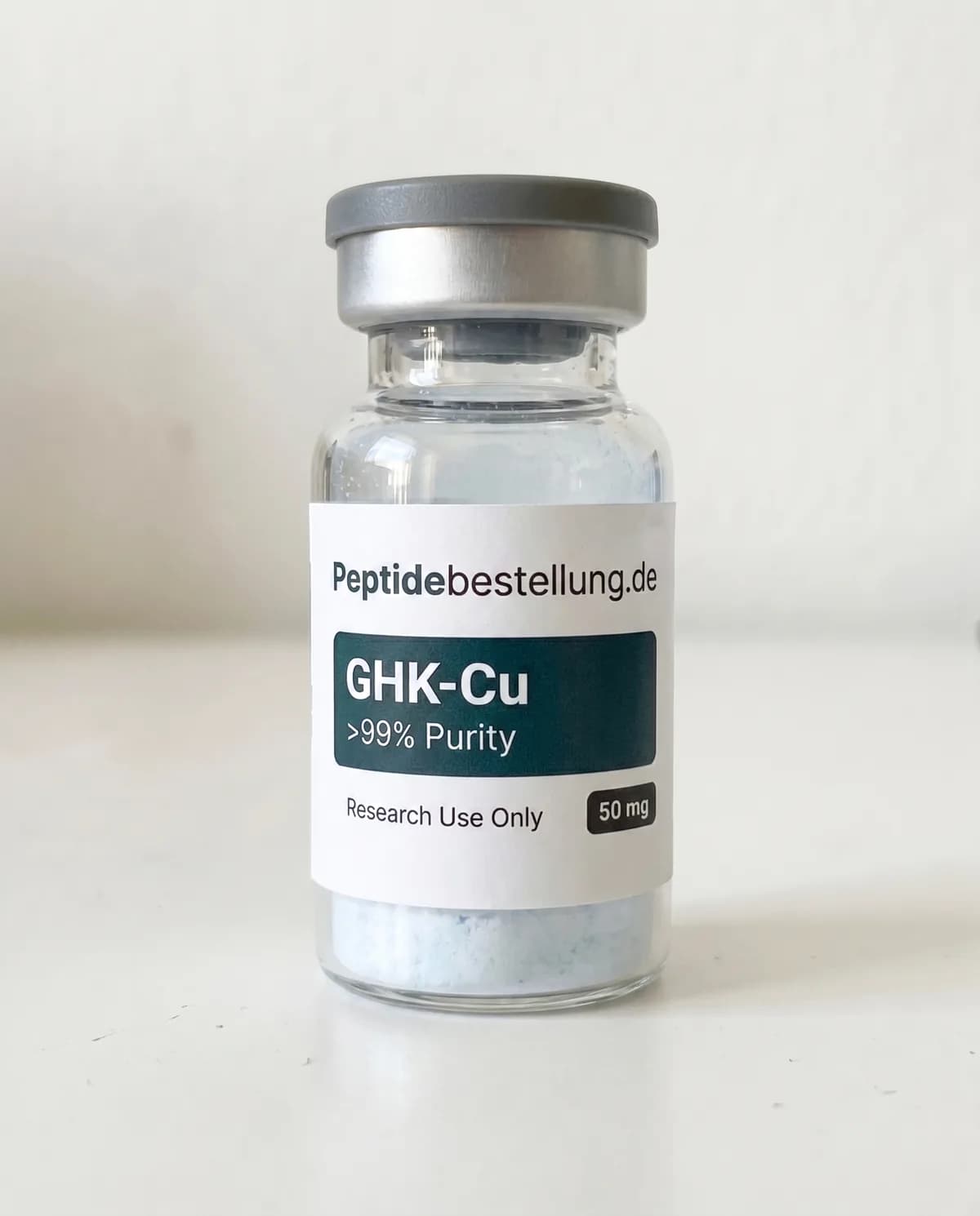 GHK-Cu 50 mg Kupferpeptid als klares Vial mit Frontetikett und lyophilisiertem Pulver