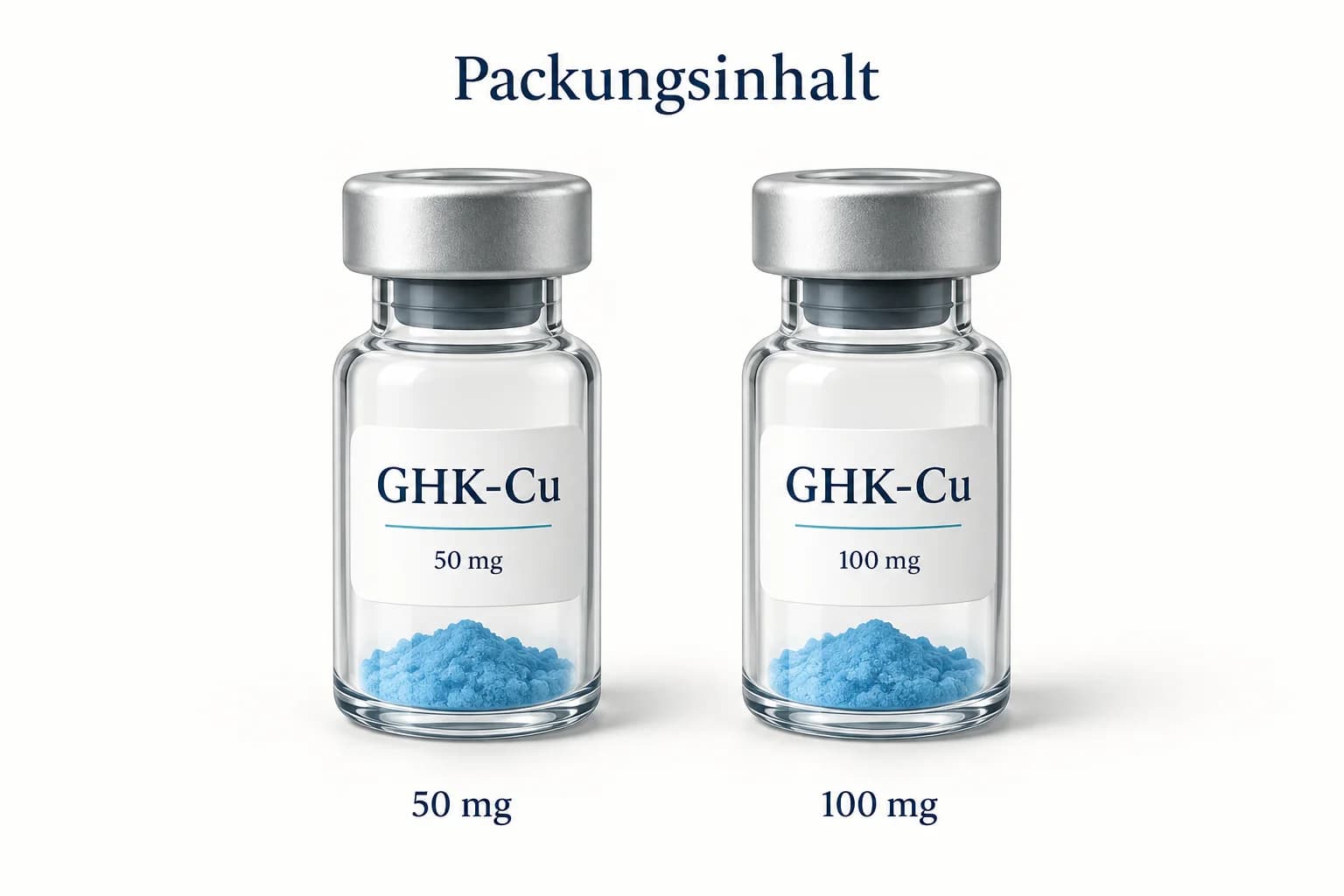 GHK-Cu-Packungsinhalt: illustrierte, gleich große Vials mit den Etiketten 50 mg und 100 mg
