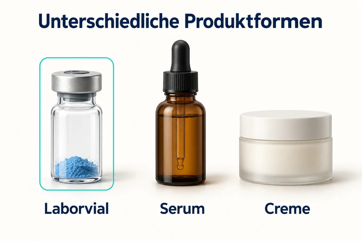 GHK-Cu-Produktformen im Vergleich: Laborvial mit trockenem Material neben einer Serumflasche und einem Cremetiegel