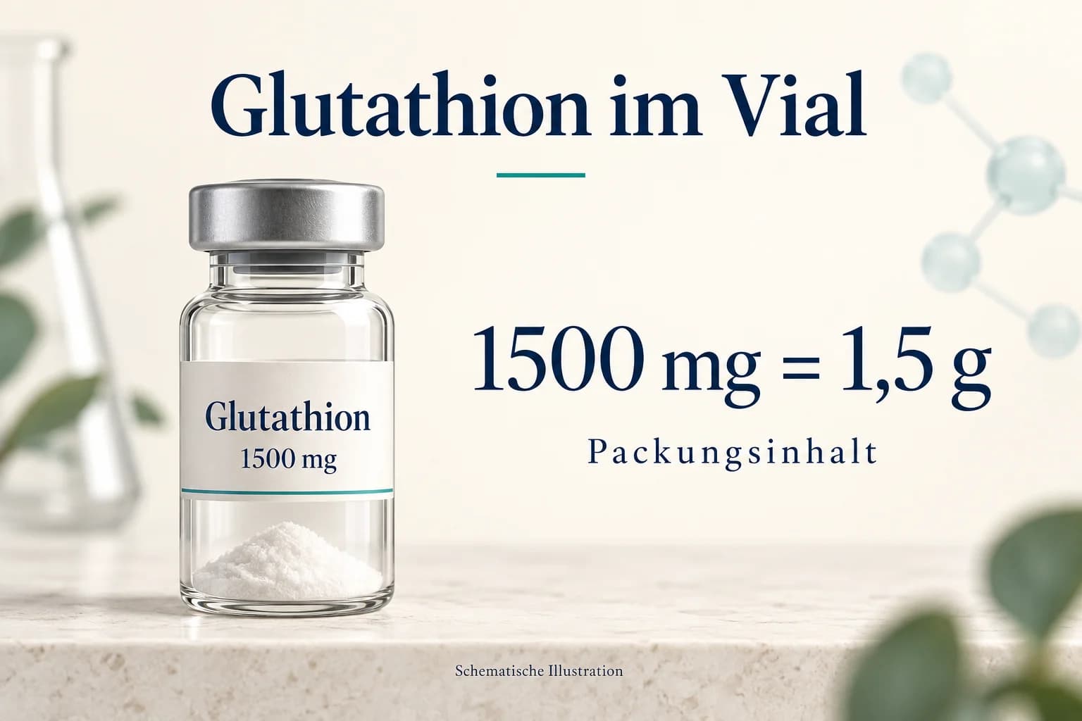 Schematisches Glutathion-Vial mit 1500 mg und der Umrechnung des Packungsinhalts in 1,5 g