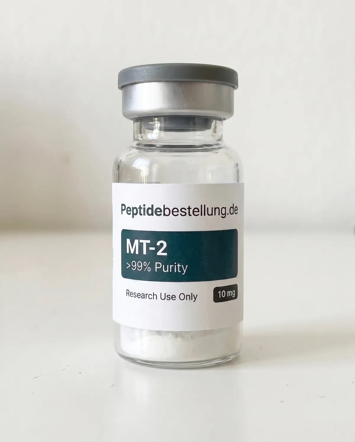 MT-2 10 mg Forschungspeptid als klares Vial mit Frontetikett und lyophilisiertem Pulver
