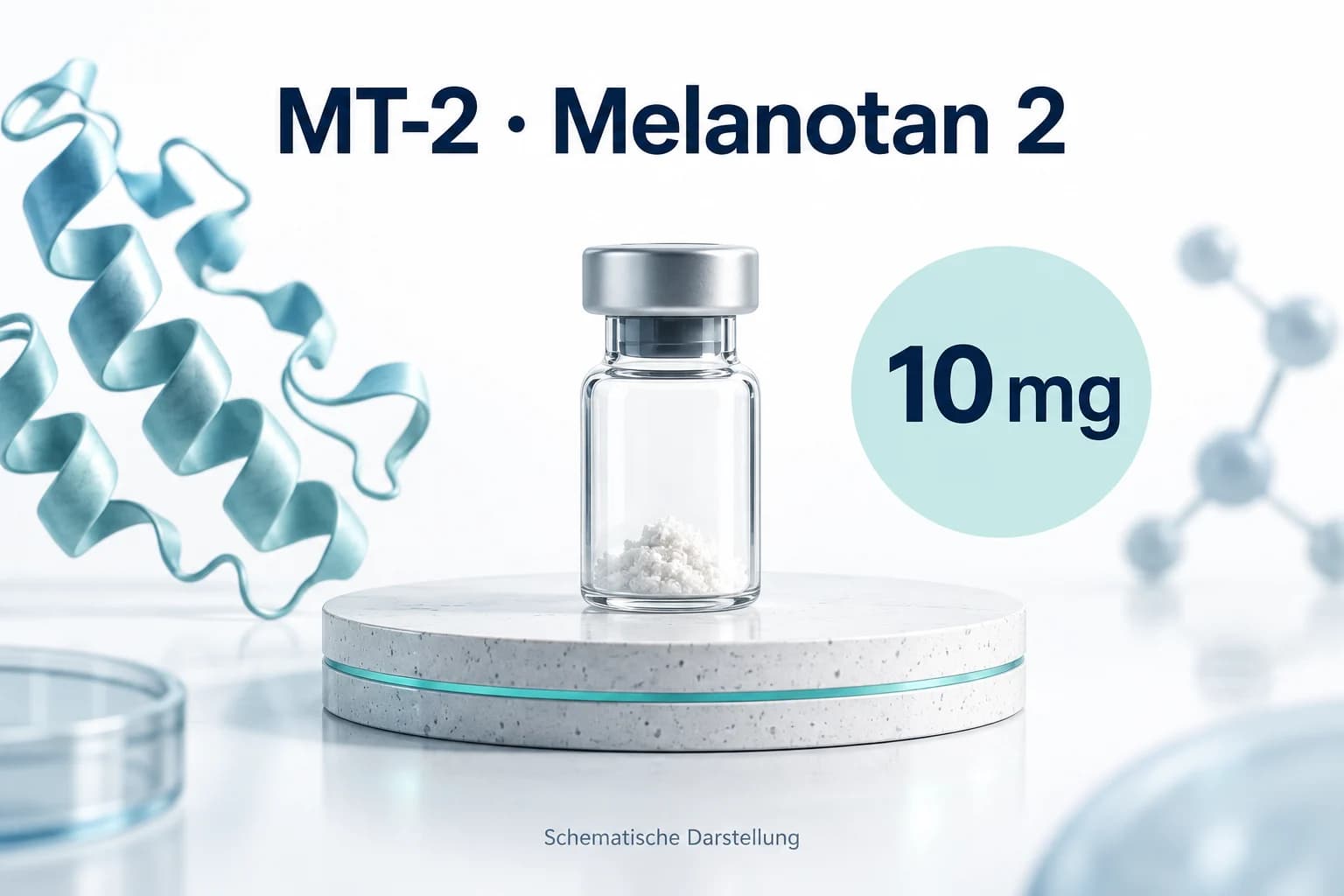 Illustration eines MT2-Vials mit der Inhaltsangabe 10 mg und weißem lyophilisiertem Pulver