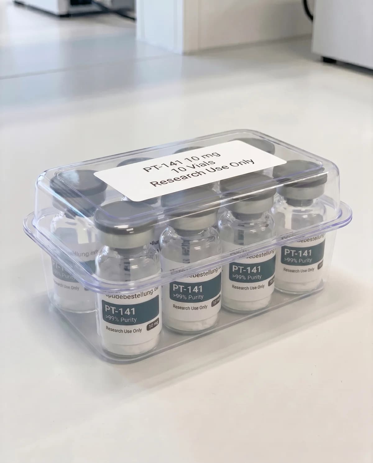 PT-141 10 mg Vials in transparenter 10er-Laborbox mit Research-Use-Only Etikett