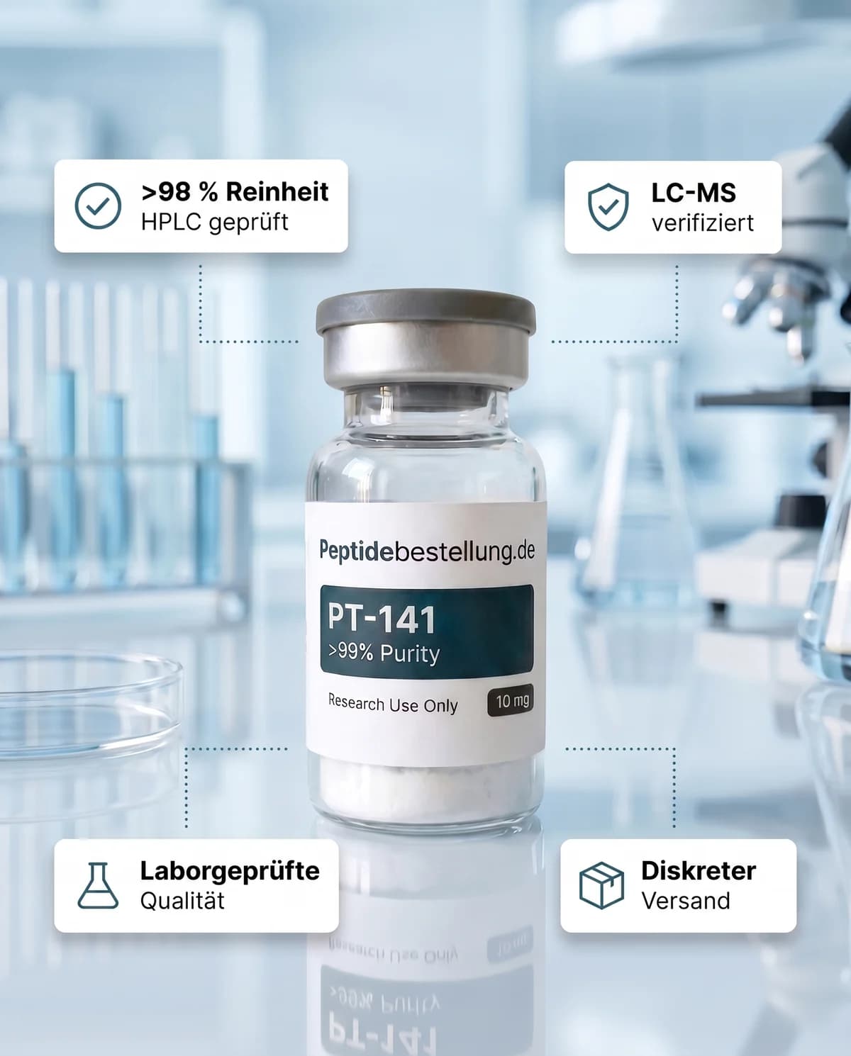 PT-141 10 mg Vial in Laborumgebung mit Hinweisen zu HPLC-Prüfung, LC-MS und diskretem Versand