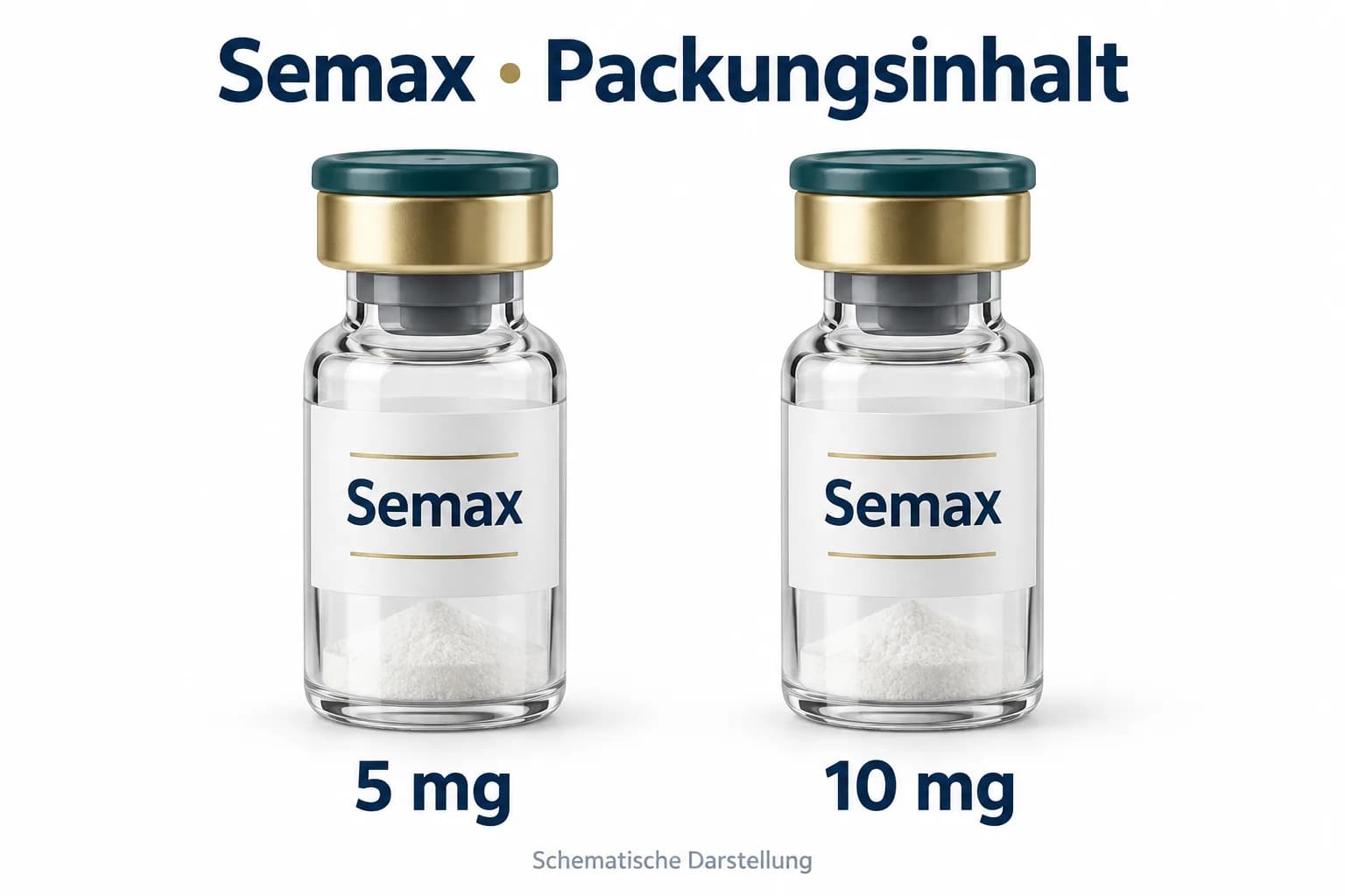 Semax-Packungsinhalte 5 mg und 10 mg anhand zweier schematischer Vials im direkten Vergleich