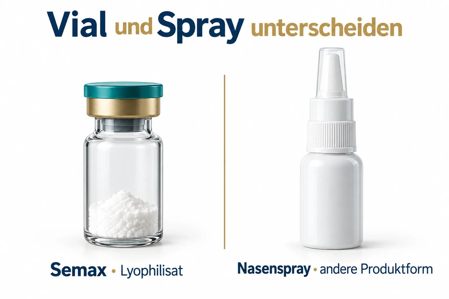 Semax-Lyophilisat im Vial neben einer Sprühflasche zur Abgrenzung von einem fertigen Nasenspray