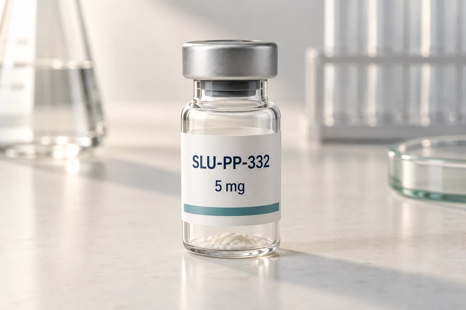 SLU-PP-332 5 mg: illustrierter Packungsinhalt eines beschrifteten Glasvials mit trockenem Labormaterial