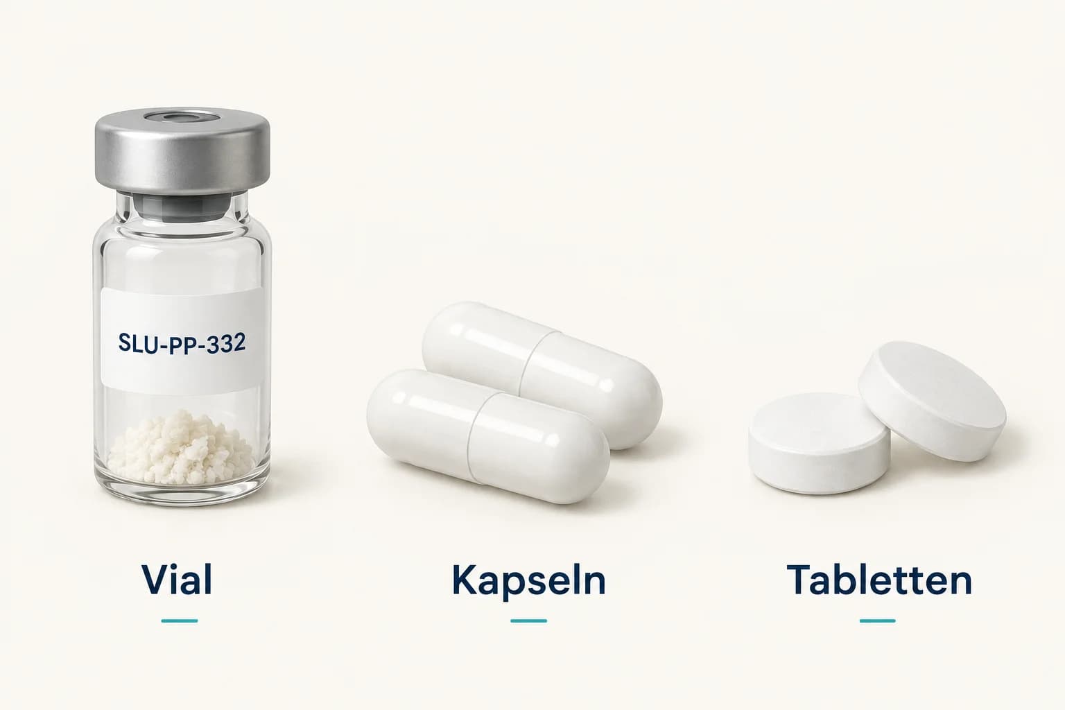 SLU-PP-332-Produktformen im Vergleich: Laborvial, Kapseln und Tabletten als getrennte illustrative Beispiele