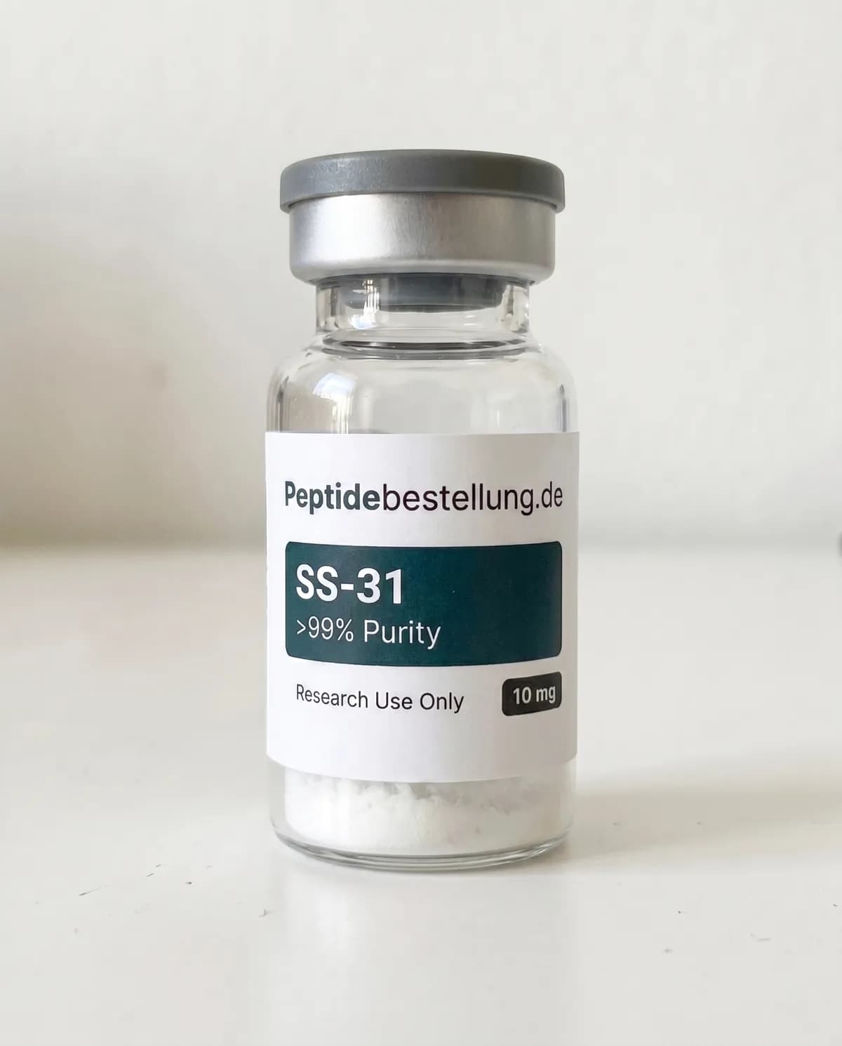 SS-31 10 mg Stoffwechsel-Forschungspeptid als klares Vial mit Frontetikett und lyophilisiertem Pulver