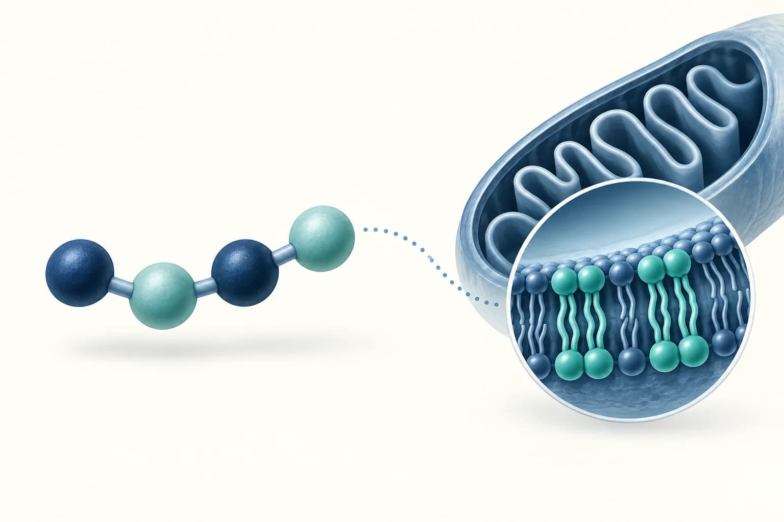 Vier schematische Bausteine eines SS-31-Peptids neben einer vereinfachten mitochondrialen Innenmembran