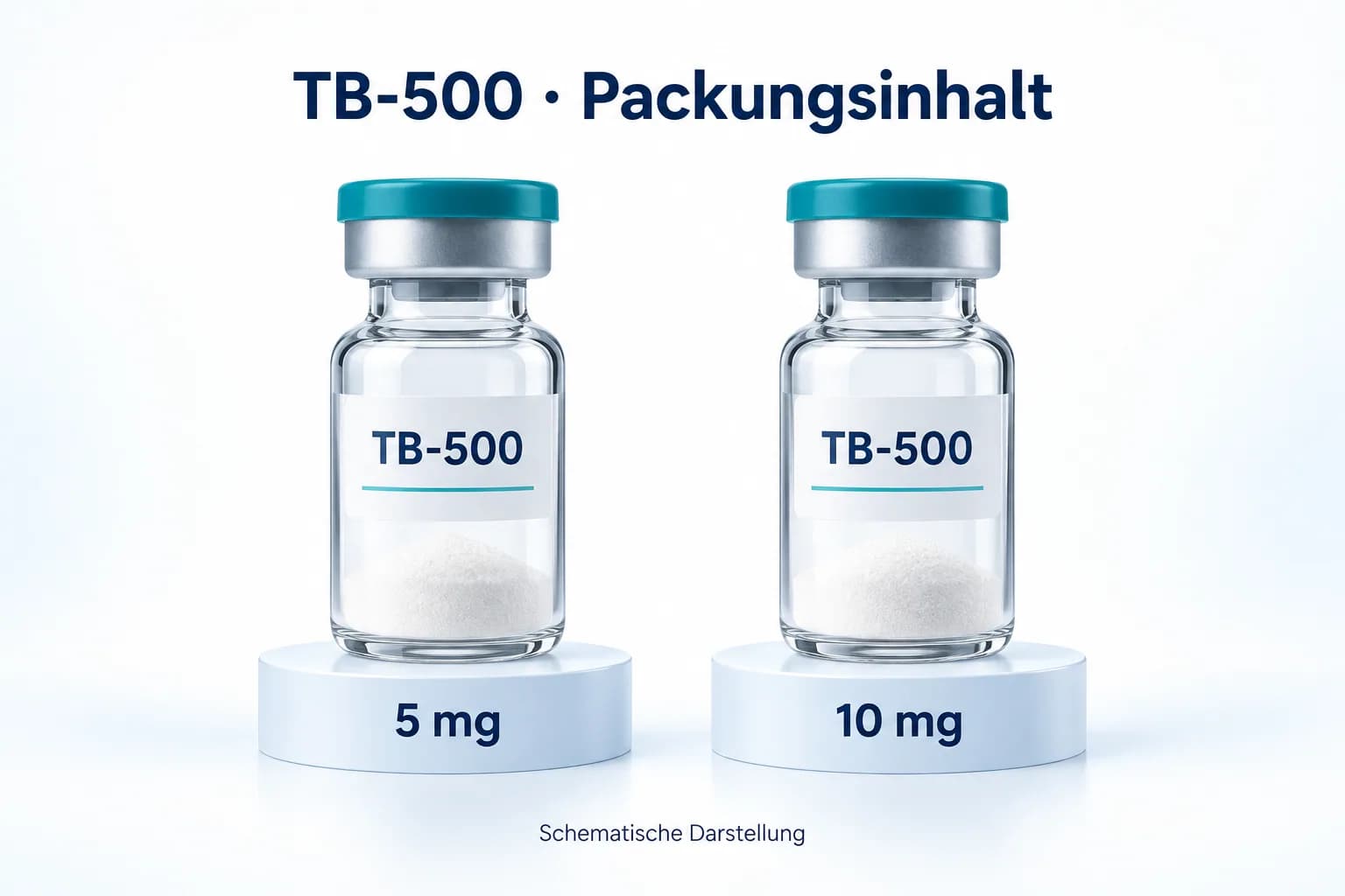 TB-500-Packgrößen im Vergleich: zwei schematische Vials mit 5 mg und 10 mg Packungsinhalt