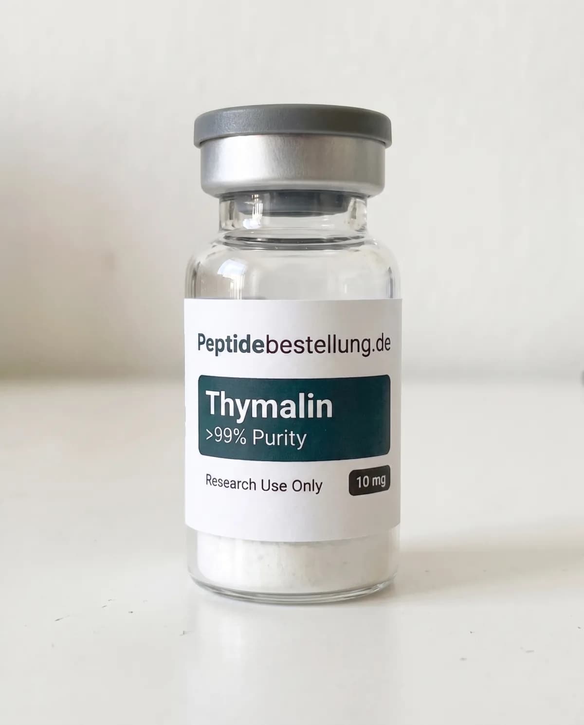 Thymalin 10 mg thymisches Forschungspeptid als klares Vial mit Frontetikett und weißem lyophilisiertem Pulver