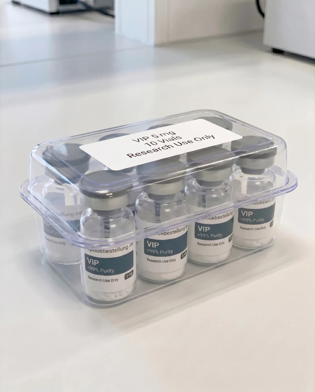 VIP 5 mg Vials in transparenter 10er-Laborbox mit Research-Use-Only Etikett