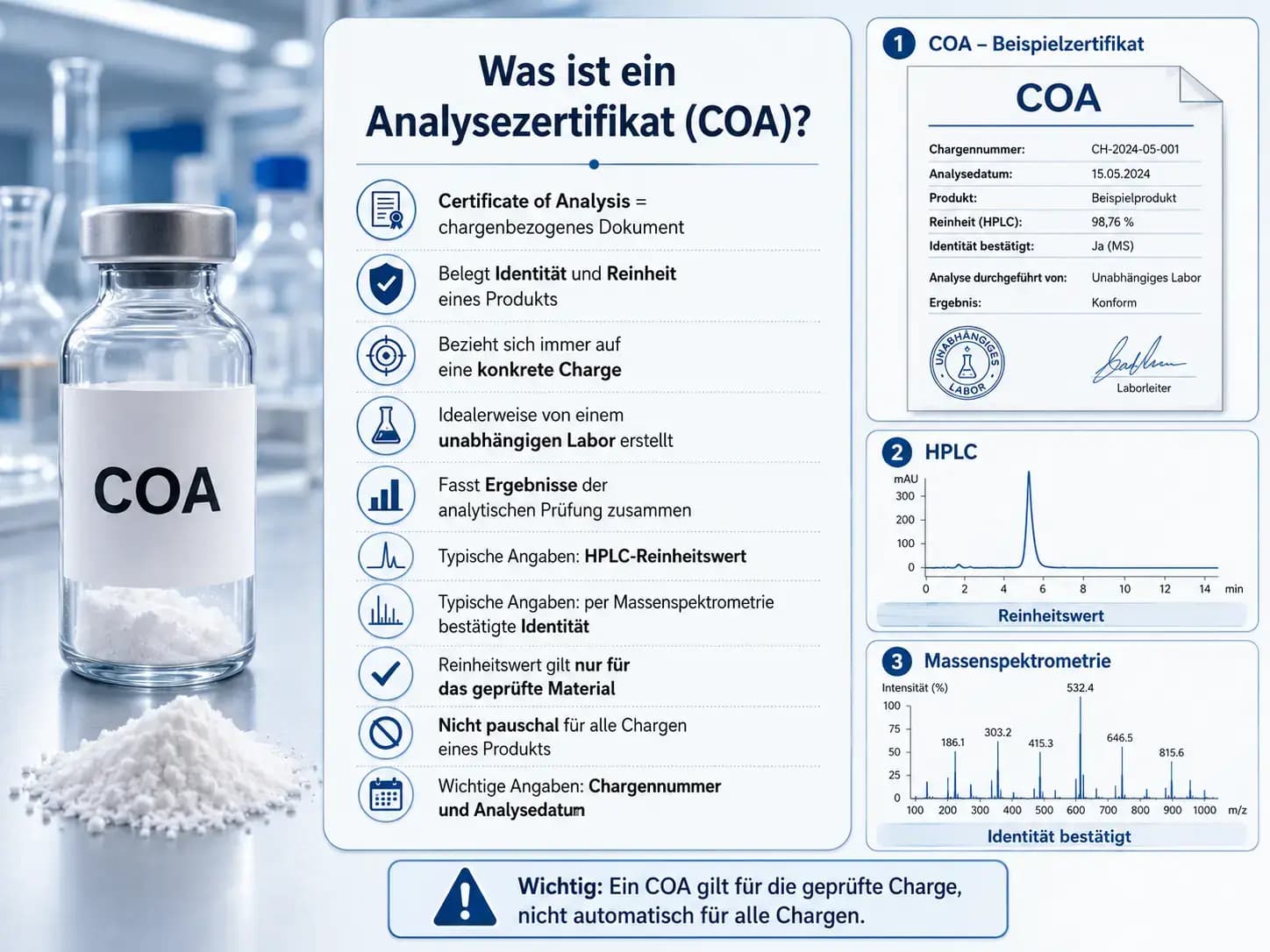 Was ist ein Analysezertifikat (COA)? Infografik zu Chargennummer, HPLC-Reinheit und massenspektrometrischer Identitätsprüfung
