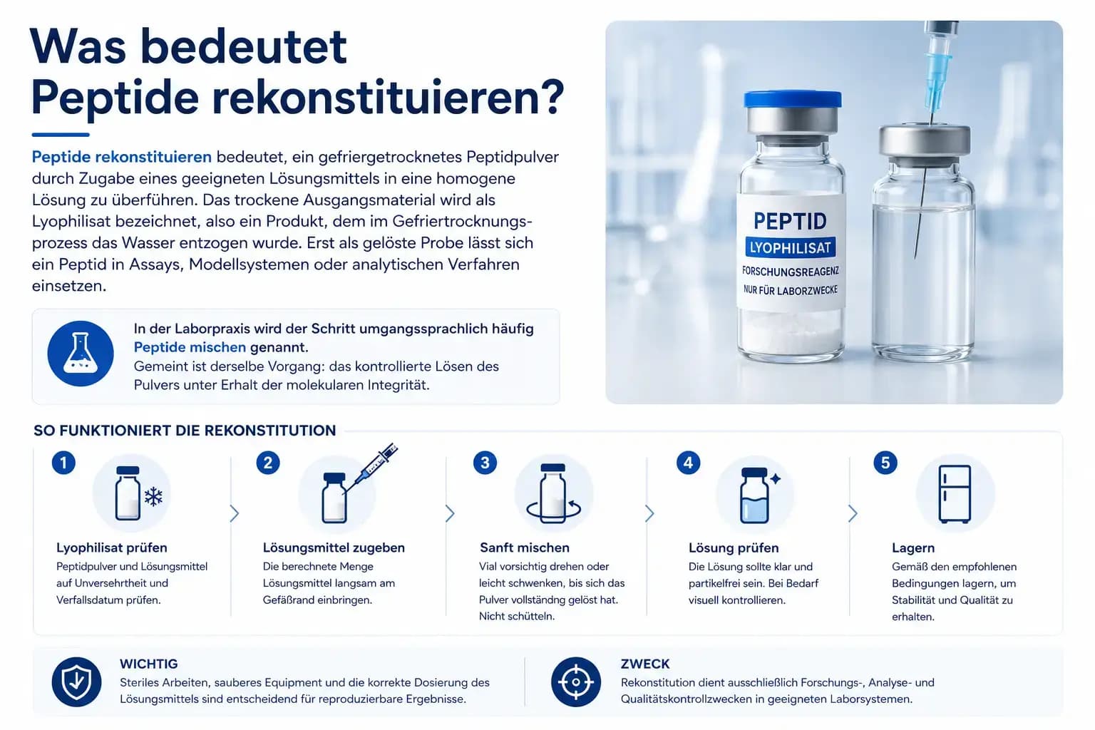 Was bedeutet Peptide rekonstituieren? Infografik zum Lösen eines Lyophilisats, schonenden Mischen, Prüfen und Lagern im Forschungslabor