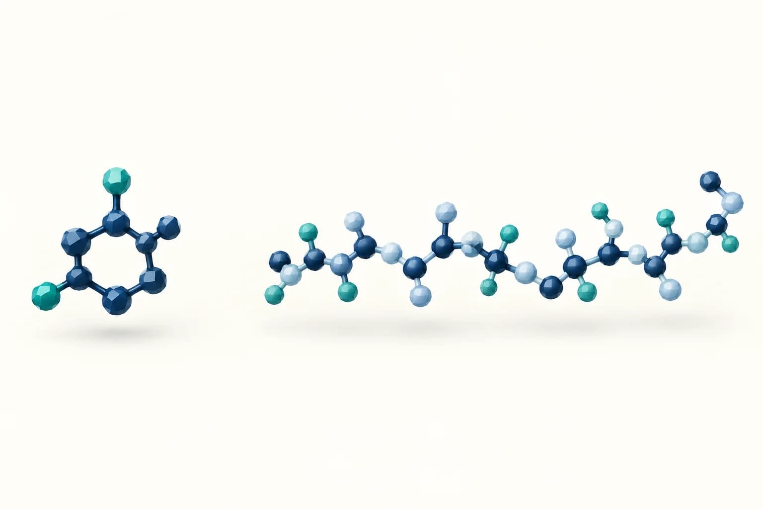 Kompaktes schematisches Molekül neben einer längeren Kette aus Aminosäure-Bausteinen
