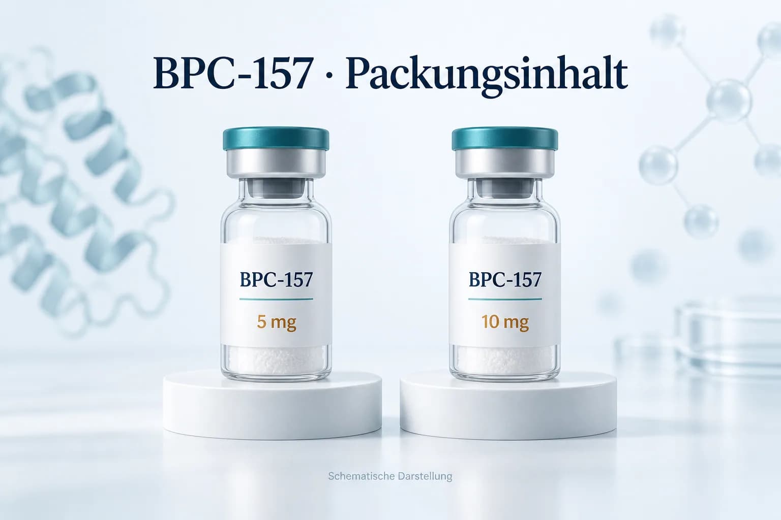 BPC-157-Packgrößen 5 mg und 10 mg als zwei gleich große illustrierte Vials