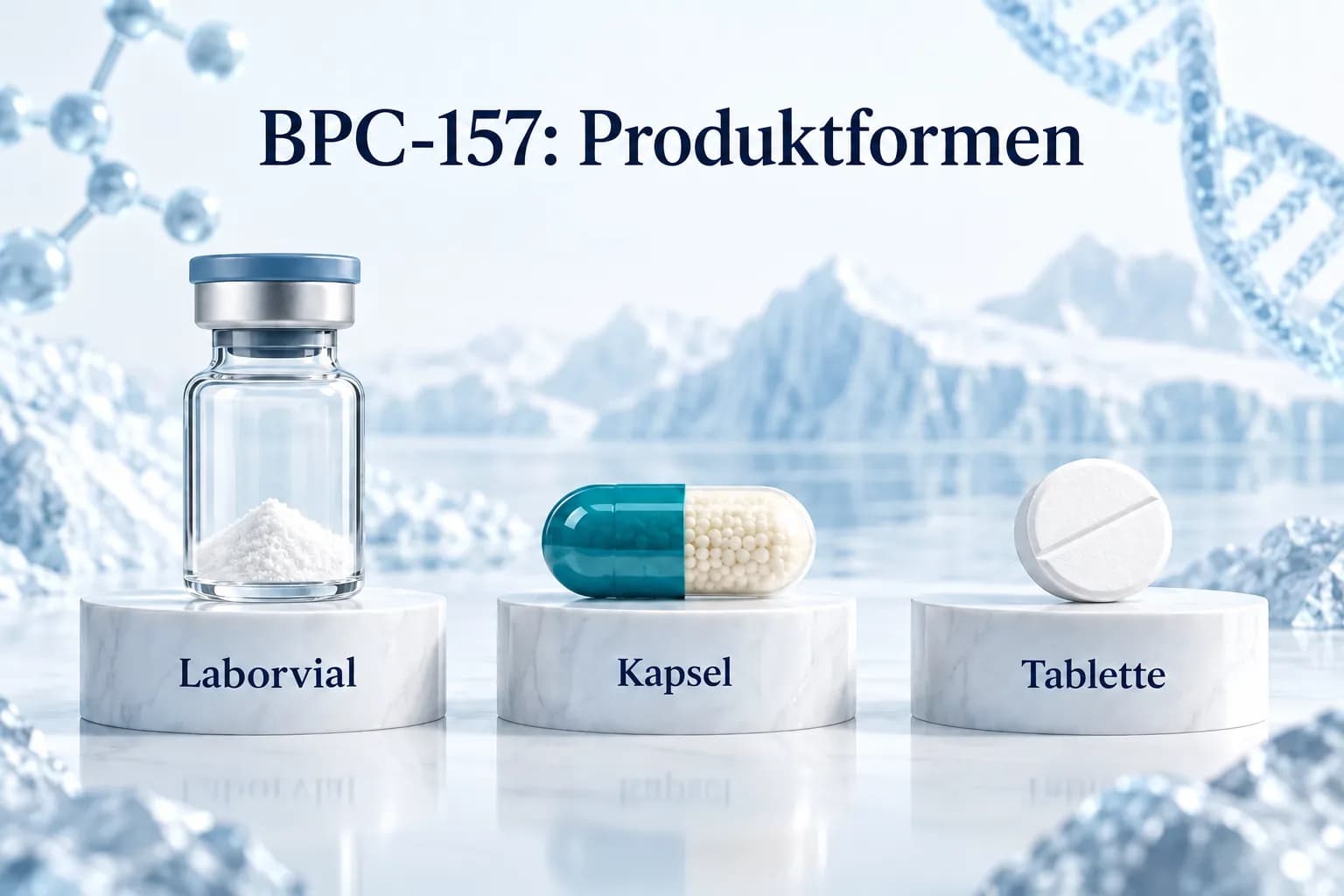 BPC-157-Produktformen im schematischen Vergleich: Laborvial, Kapsel und Tablette