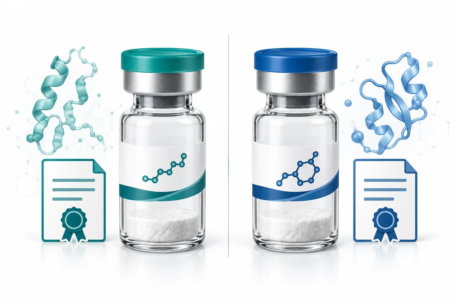 Zwei getrennte schematische Laborvials mit trockenem Material für CJC-1295 ohne DAC und Ipamorelin, jeweils neben einem Dokument-Symbol