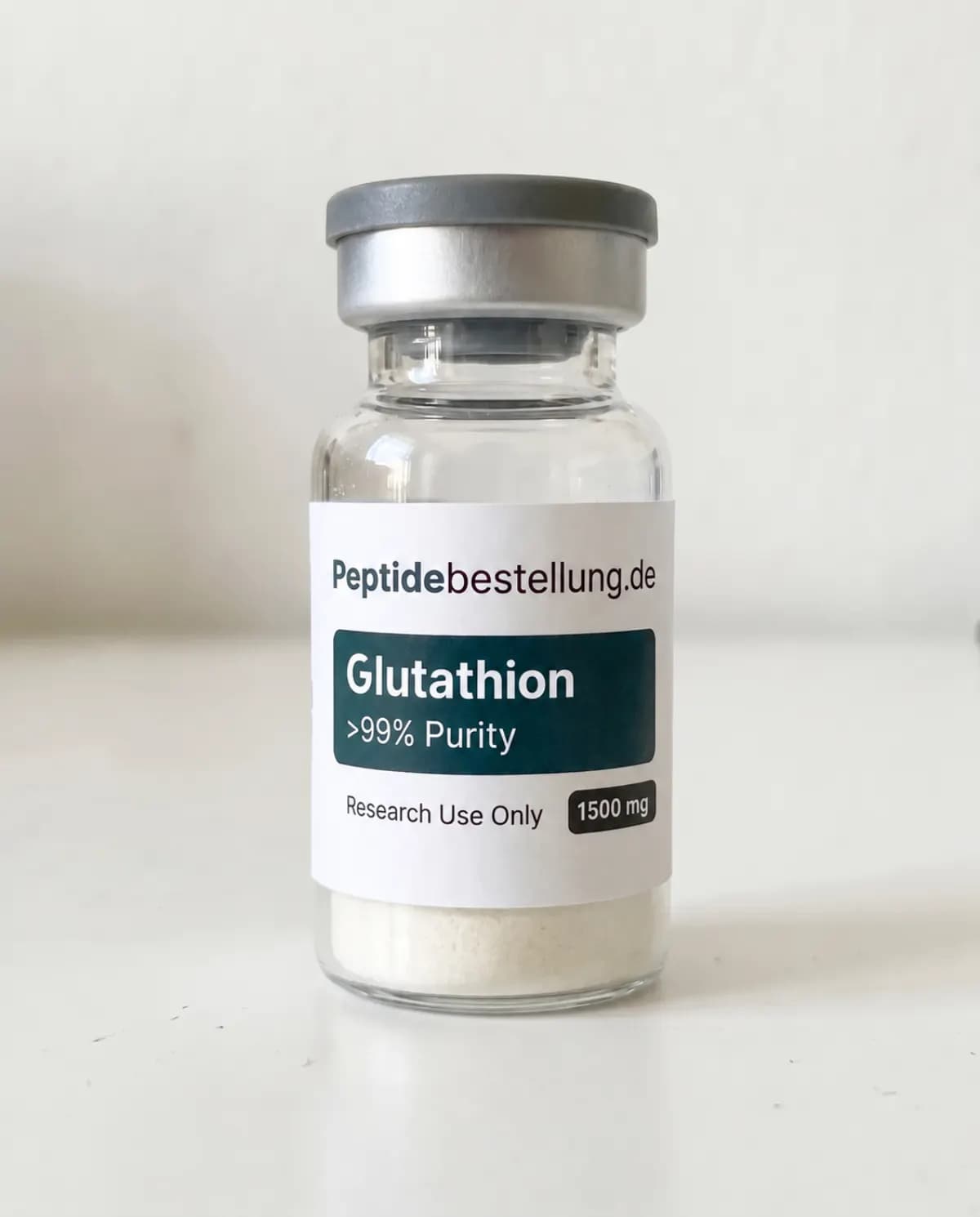 Glutathion 1500 mg Tripeptid für Forschungszwecke als klares Vial mit Frontetikett und weißem lyophilisiertem Material
