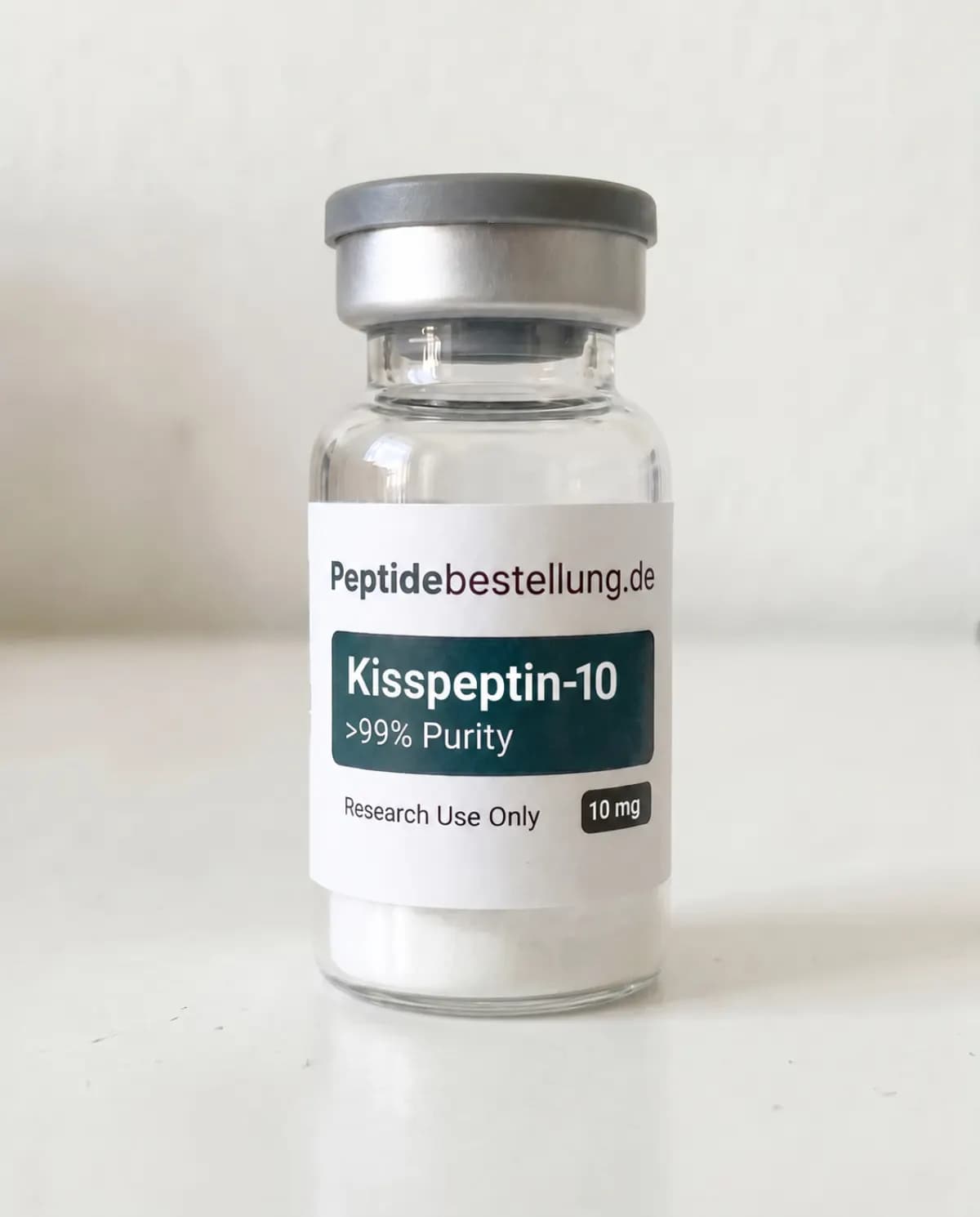 Kisspeptin-10 10 mg Neuropeptid für Forschungszwecke als klares Vial mit Frontetikett und weißem lyophilisiertem Material