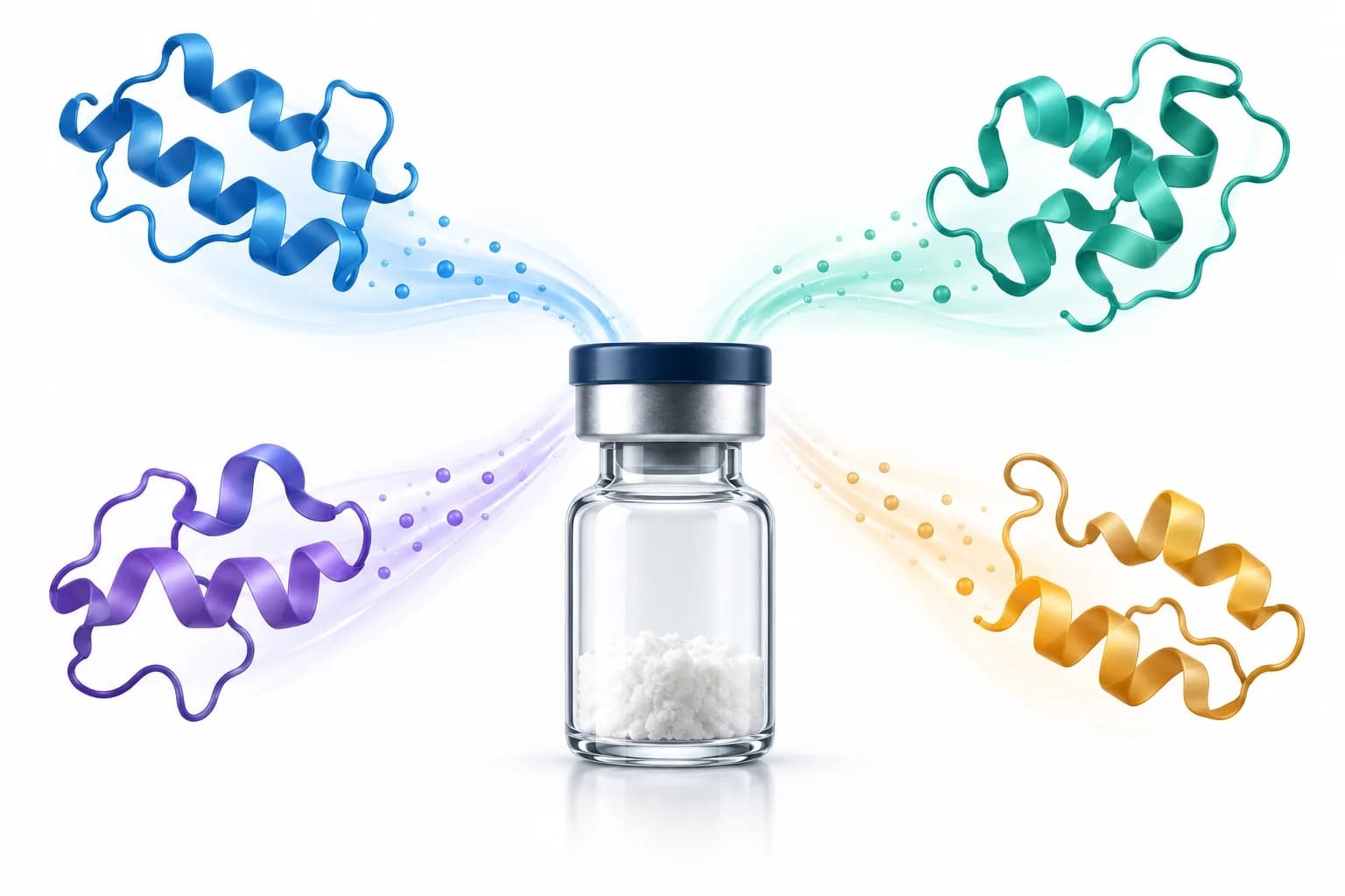 Vier verschiedenfarbige schematische Peptidformen führen zu einem einzelnen Vial und stehen für die KLOW-Gesamtmischung