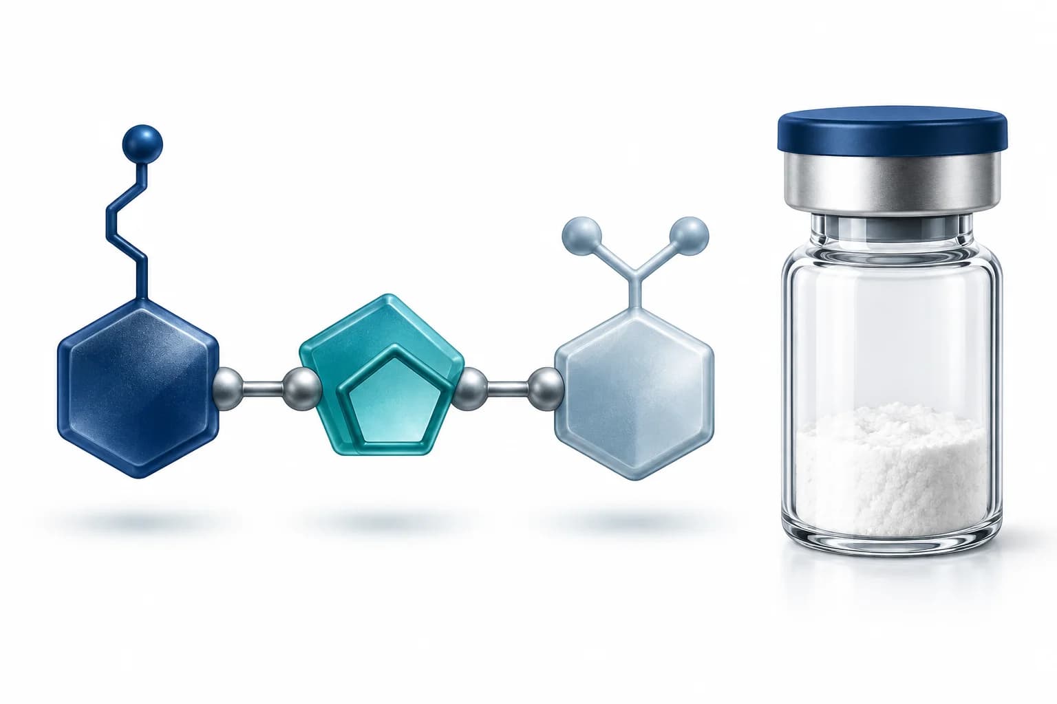 Schematische dreigliedrige KPV-Peptidkette neben einem Laborvial mit trockenem weißem Material