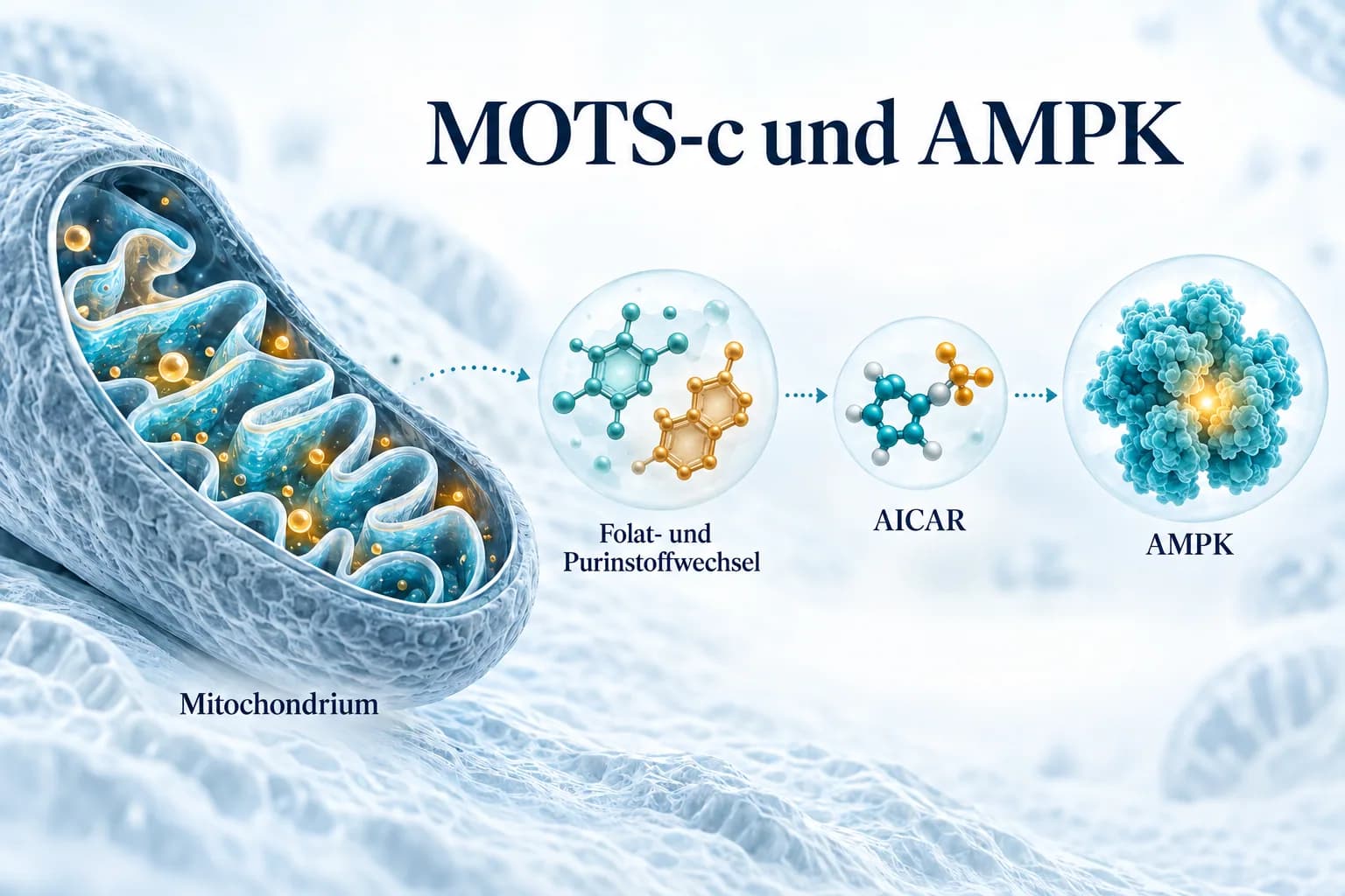 MOTS-c im vereinfachten Modellzusammenhang mit Mitochondrium, Folat- und Purinstoffwechsel, AICAR und AMPK