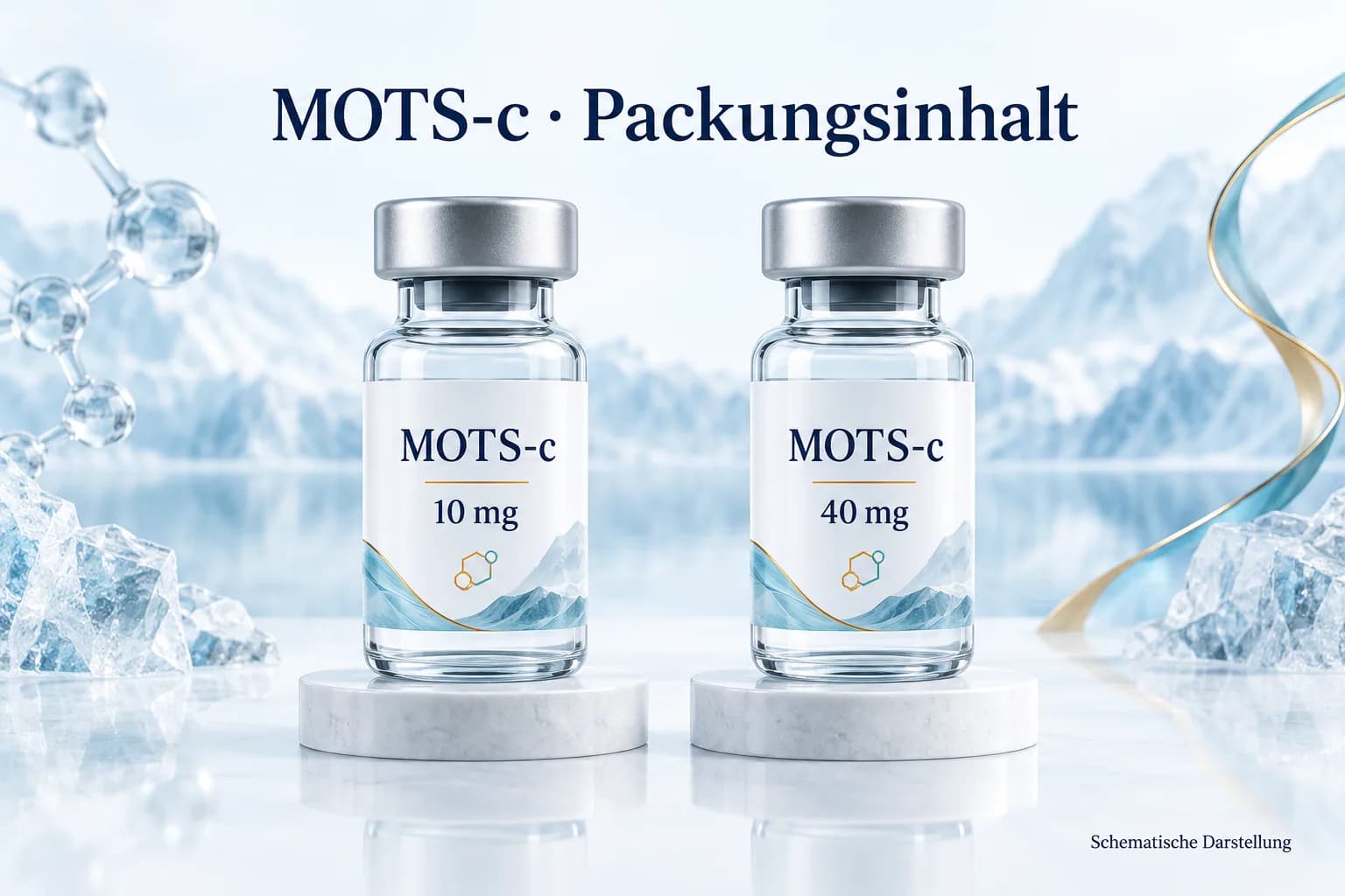 MOTS-c in zwei schematischen Vials mit den Packungsinhalten 10 mg und 40 mg