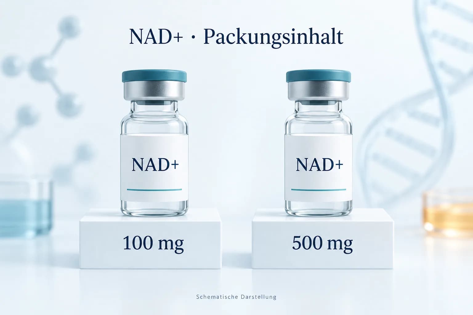 NAD+-Packgrößen: zwei gleich große illustrierte Reagenzvials mit den Inhaltsangaben 100 mg und 500 mg