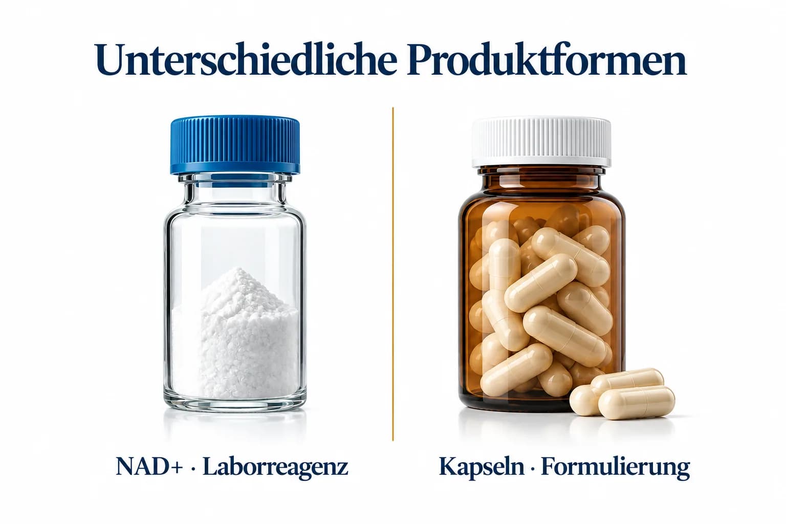 NAD+-Laborreagenz und eine Kapsel-Formulierung als zwei getrennte Produktarten in einer schematischen Gegenüberstellung