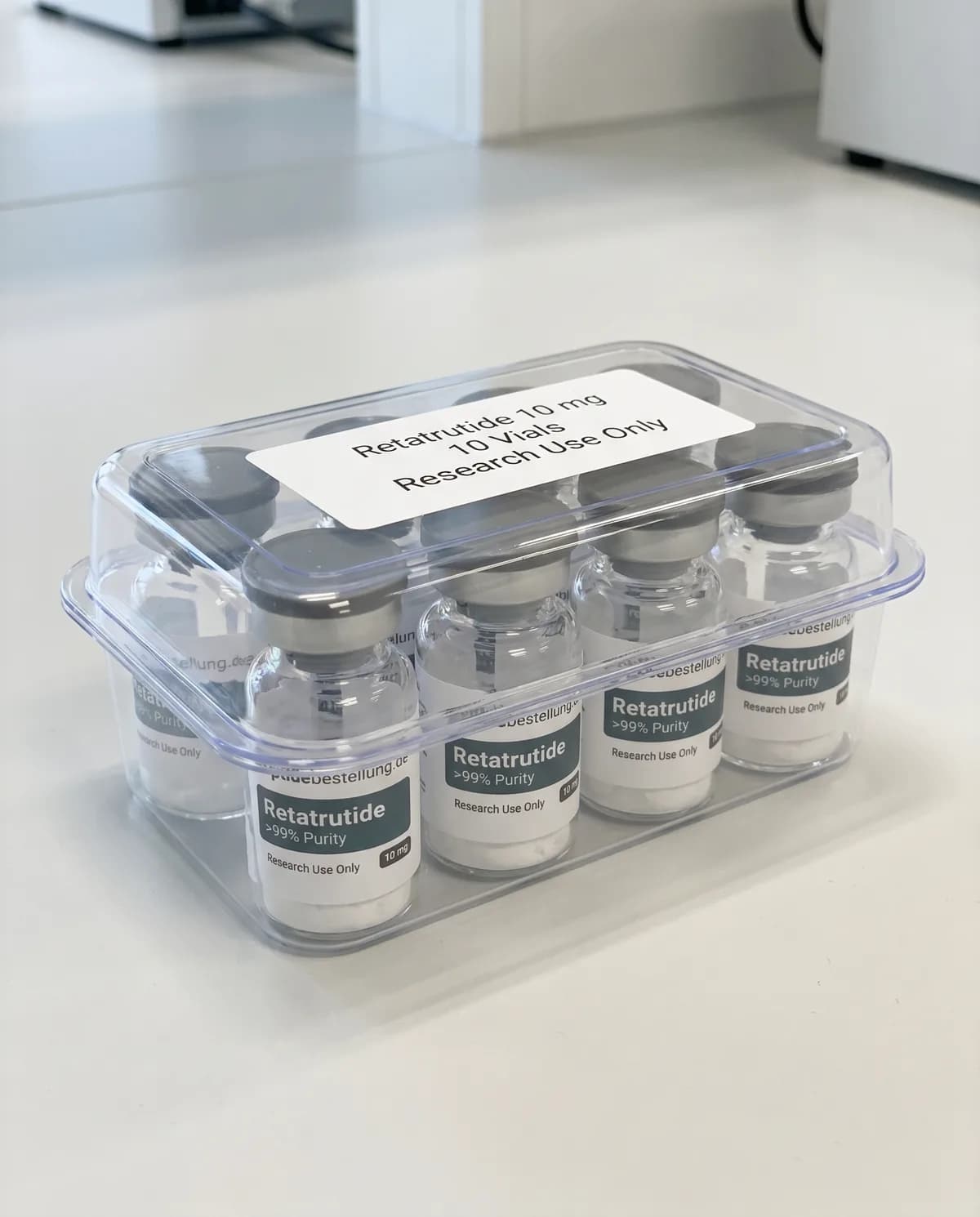 Retatrutide 10 mg: transparente Box mit mehreren Vials und einem Etikett mit der Aufschrift 10 Vials