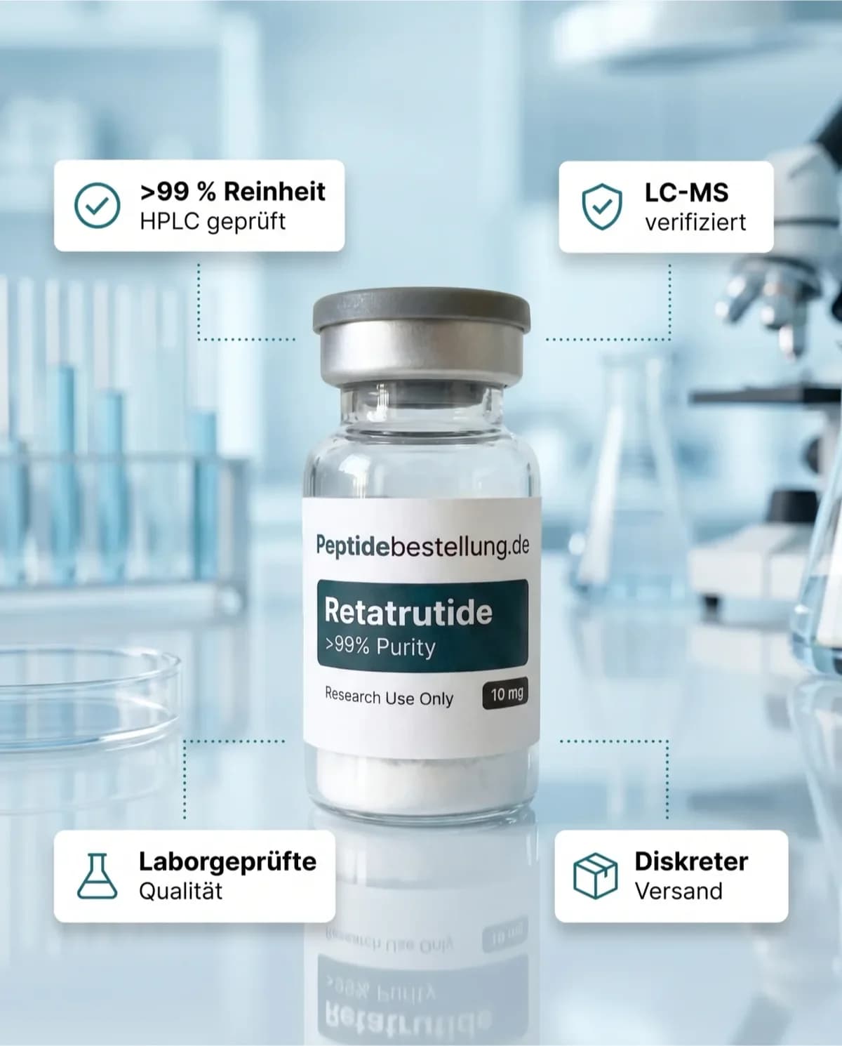 Retatrutide 10 mg im Labor: Vial mit eingeblendeten Hinweisen zu HPLC-Reinheit, LC-MS, Laborqualität und Versand