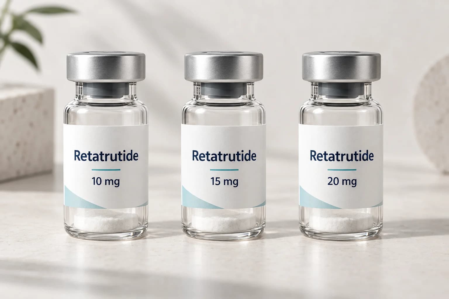 Retatrutide-Packgrößen im Vergleich: drei illustrierte Vials mit den Mengenangaben 10 mg, 15 mg und 20 mg