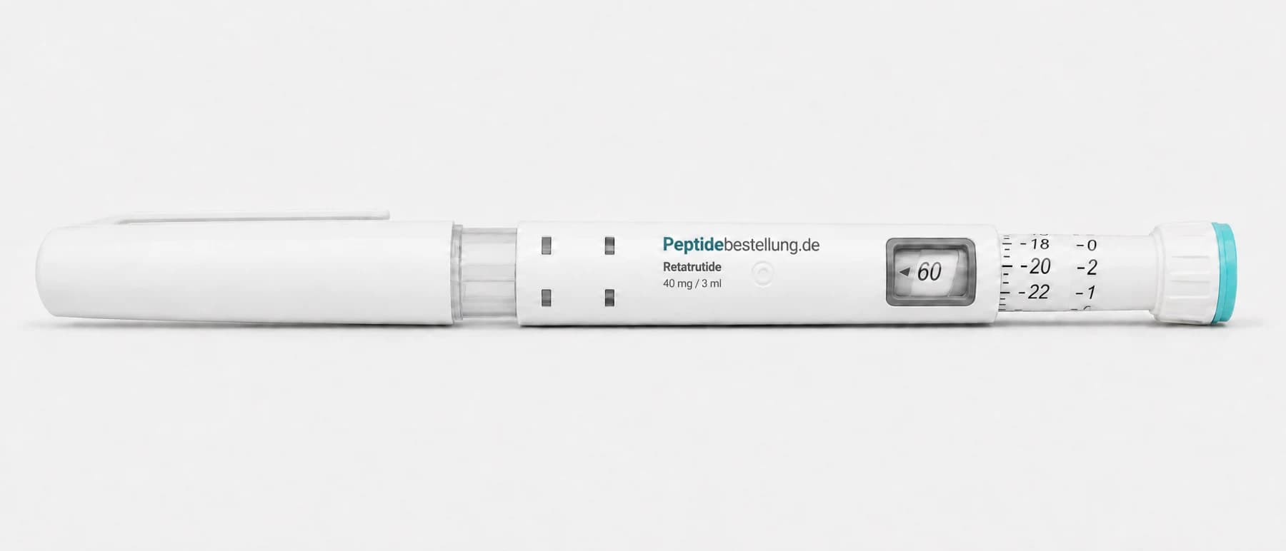 Retatrutide-Pen: einzelner weißer Pen mit mechanischem Zähler und türkisem Abschlussring auf schlichtem hellem Hintergrund