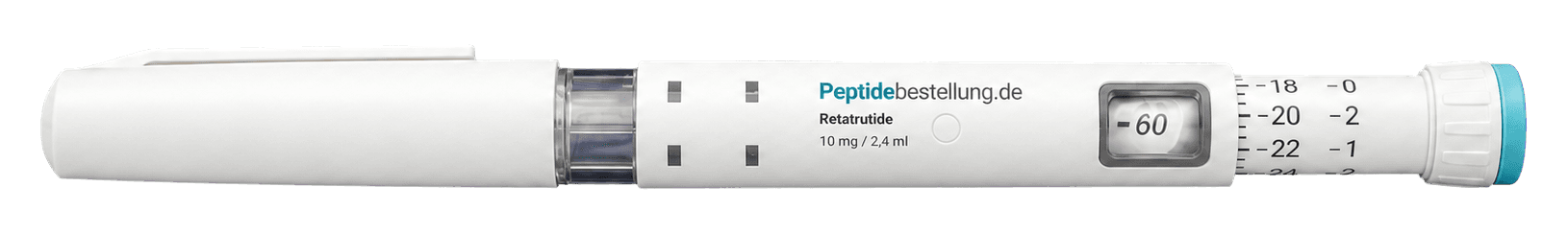 Weißer Retatrutide-Pen mit 10 mg / 2,4 ml auf dem Etikett, mechanischem Zähler und türkisem Abschlussring
