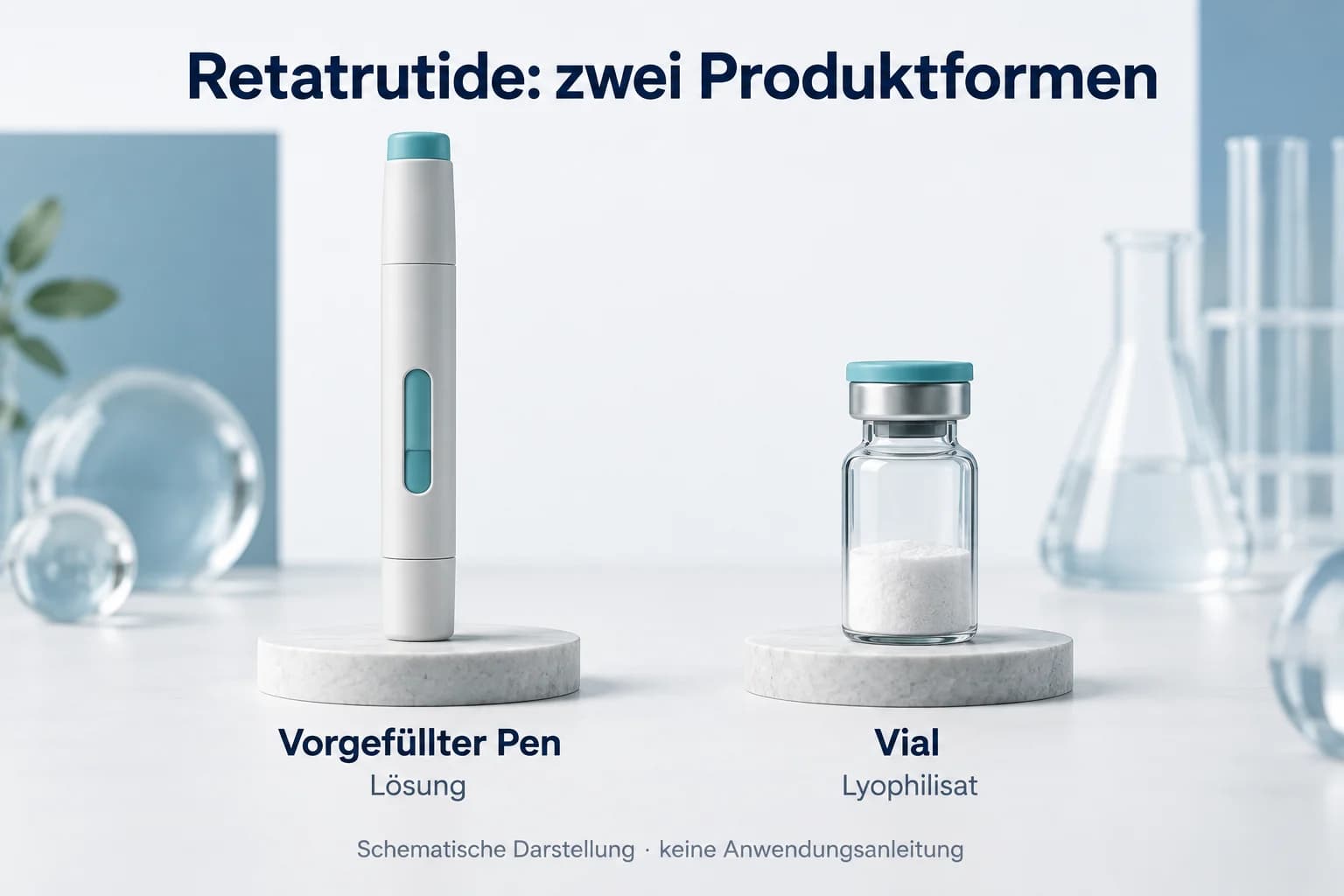 Retatrutide-Produktformen im Schema: geschlossener vorgefüllter Pen mit Lösung neben einem Glasvial mit Lyophilisat