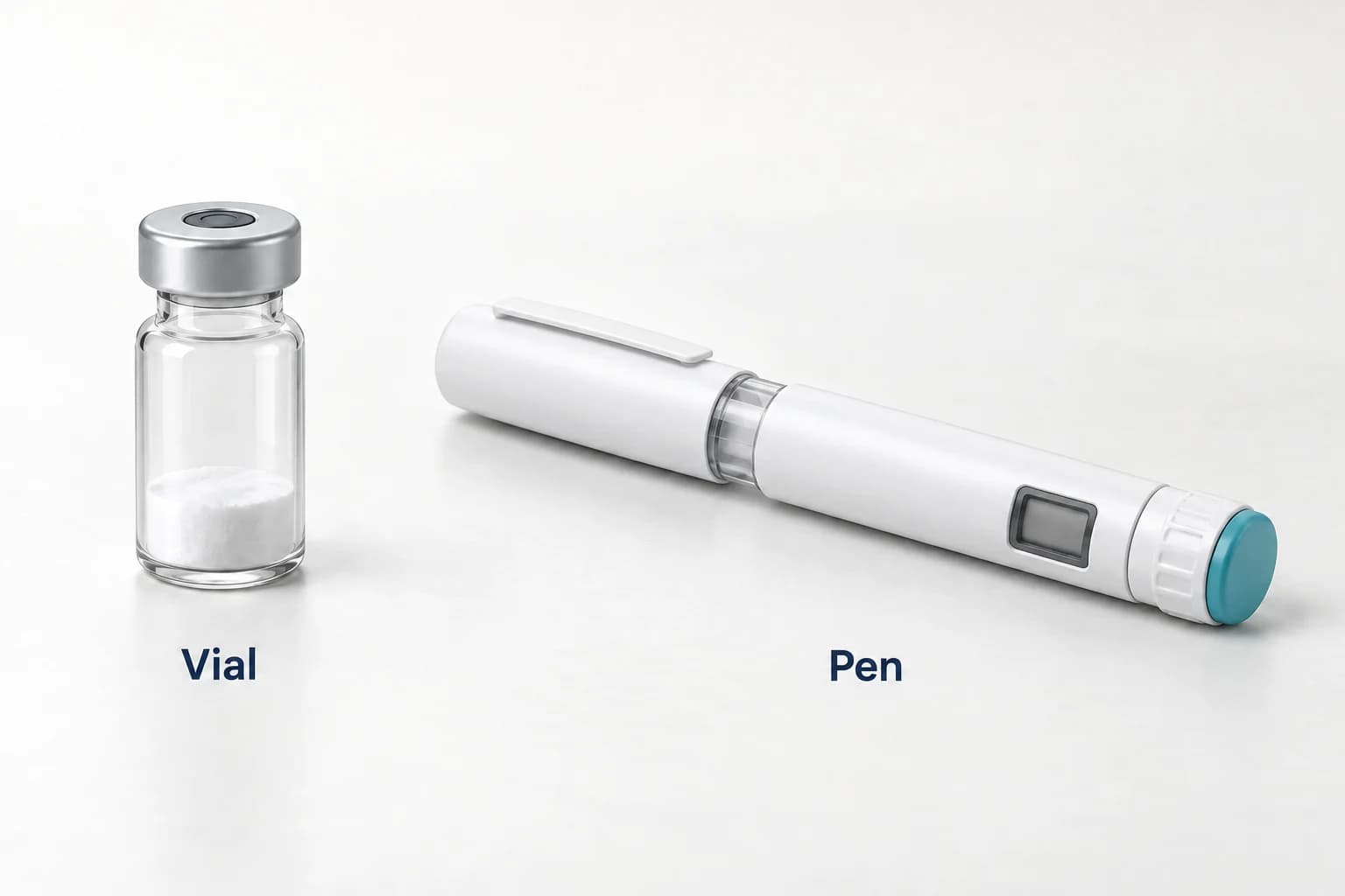 Retatrutide-Produktformen: schematischer Vergleich eines Pulvervials mit einem geschlossenen Pen-System