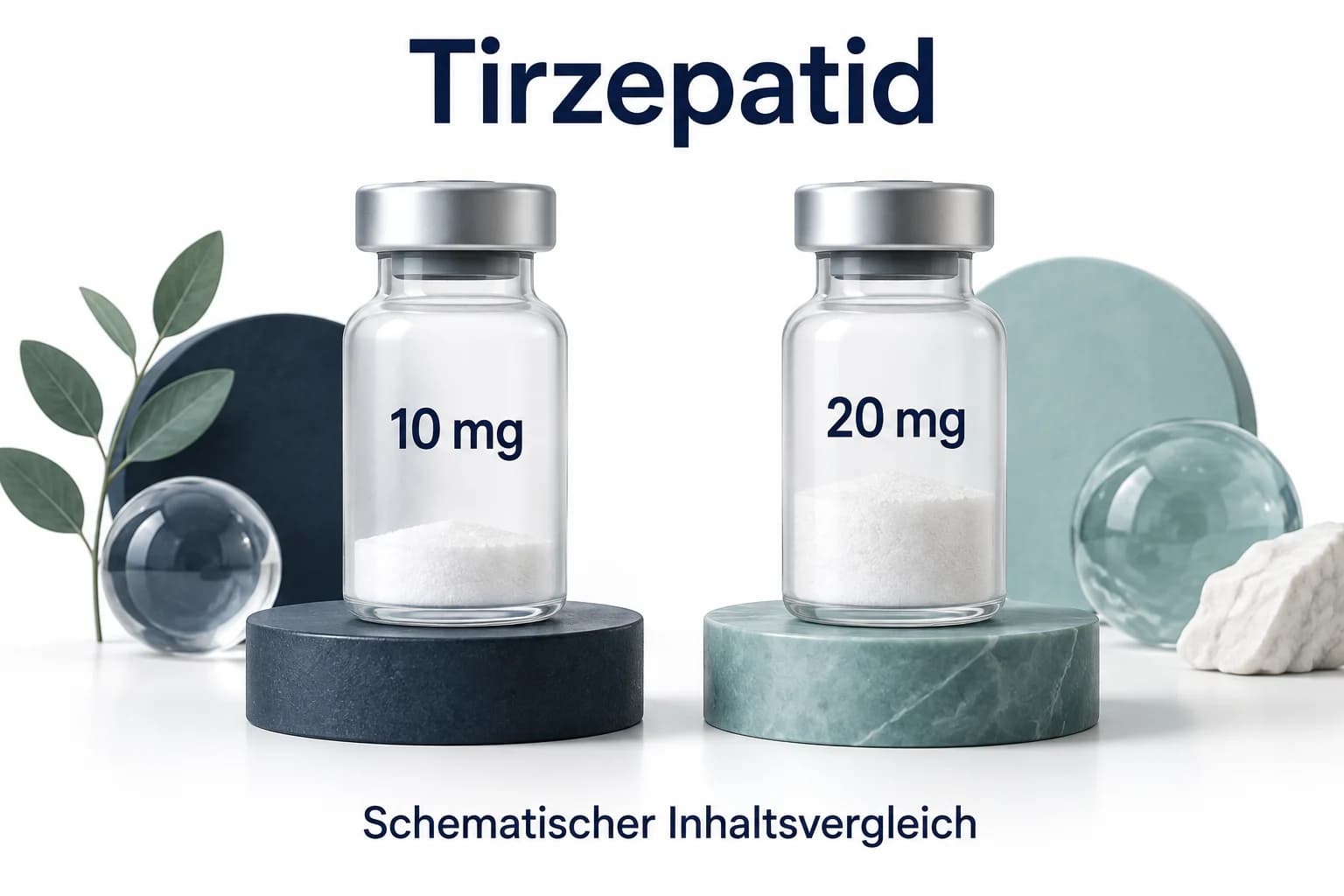 Tirzepatid-Packgrößen 10 mg und 20 mg als zwei gleich große illustrierte Vials mit unterschiedlichen Inhaltsangaben