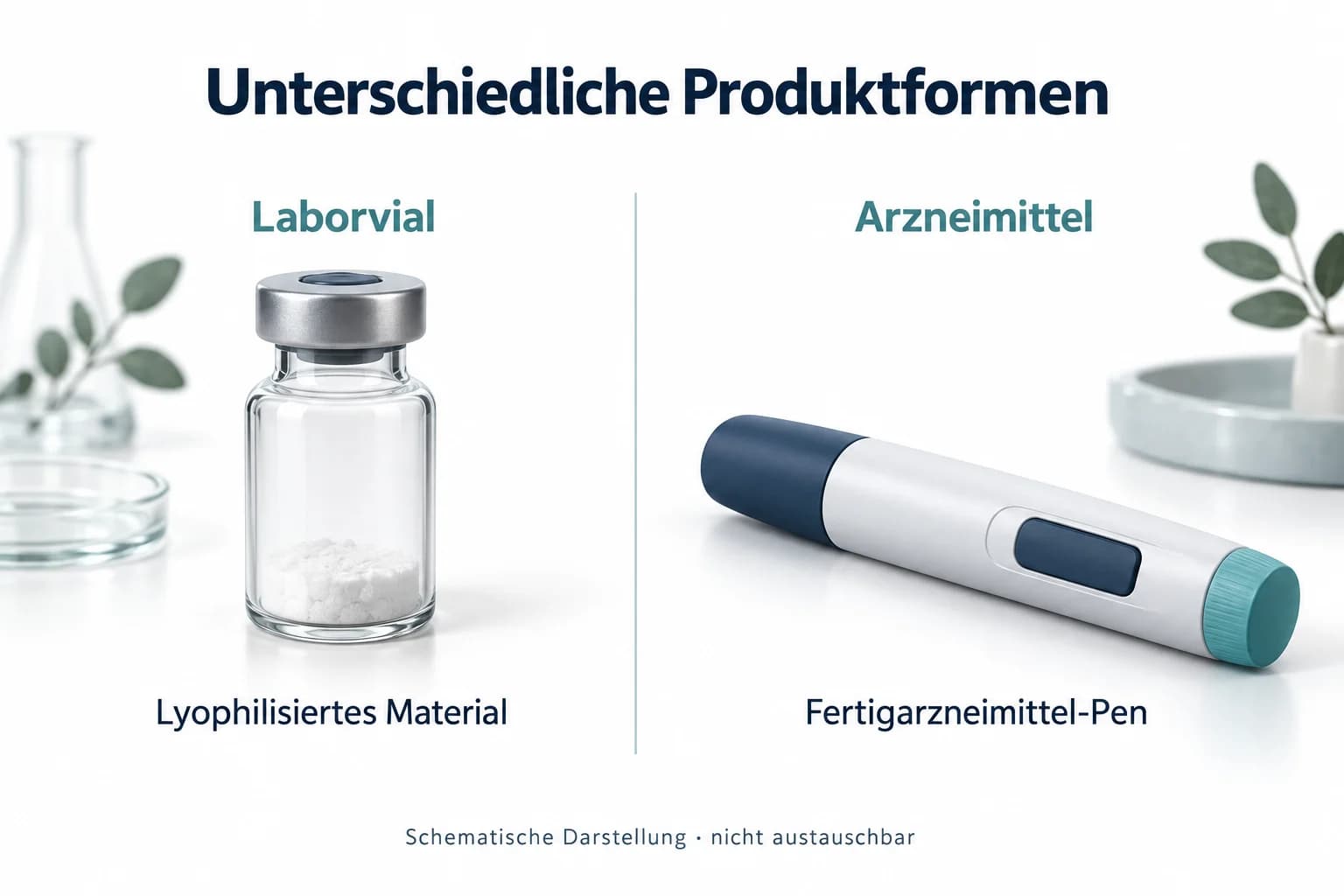 Schematischer Vergleich eines Tirzepatid-Vials mit lyophilisiertem Pulver und eines generischen vorgefüllten Arzneimittel-Pens