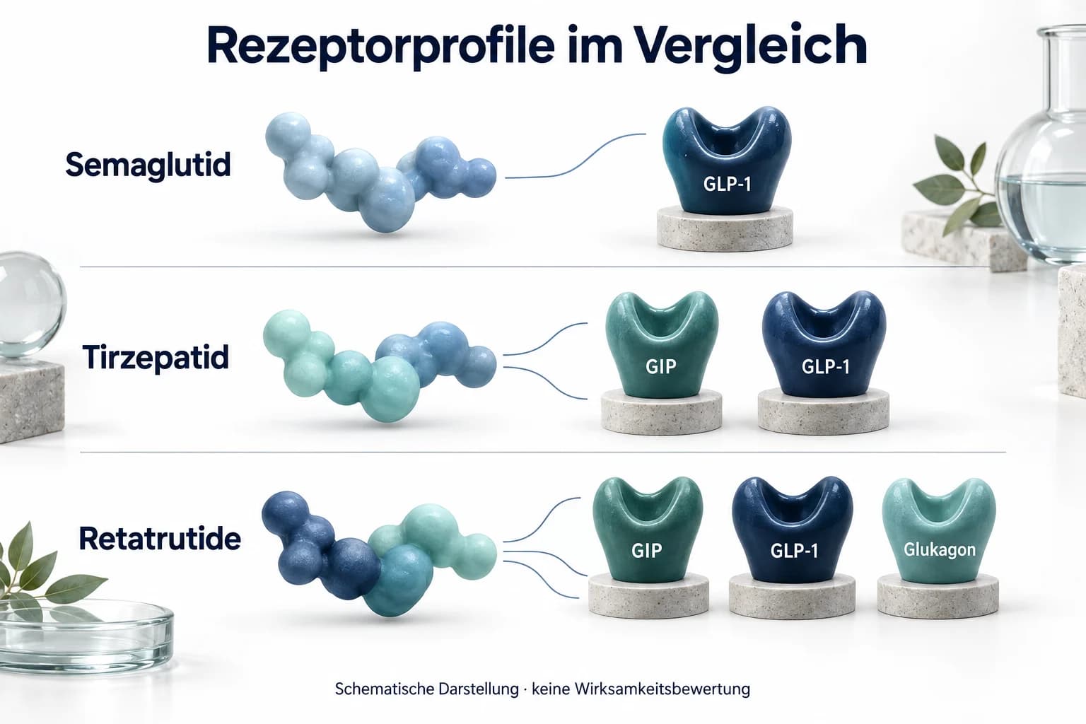 Rezeptorvergleich: Semaglutid mit GLP-1R, Tirzepatid mit GIPR und GLP-1R sowie Retatrutide zusätzlich mit Glukagon-Rezeptor