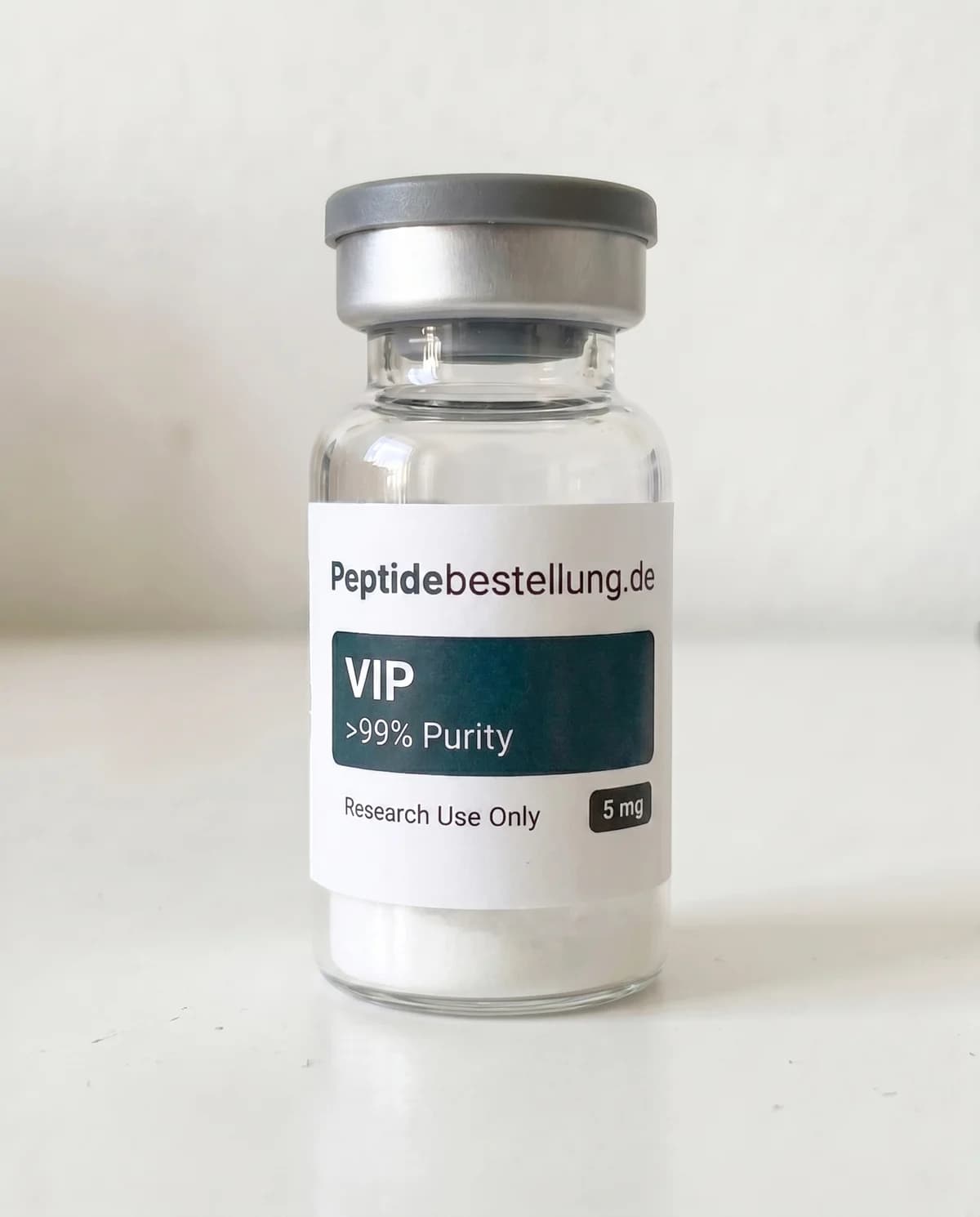 VIP 5 mg Neuropeptid als klares Vial mit Frontetikett und weißem lyophilisiertem Pulver