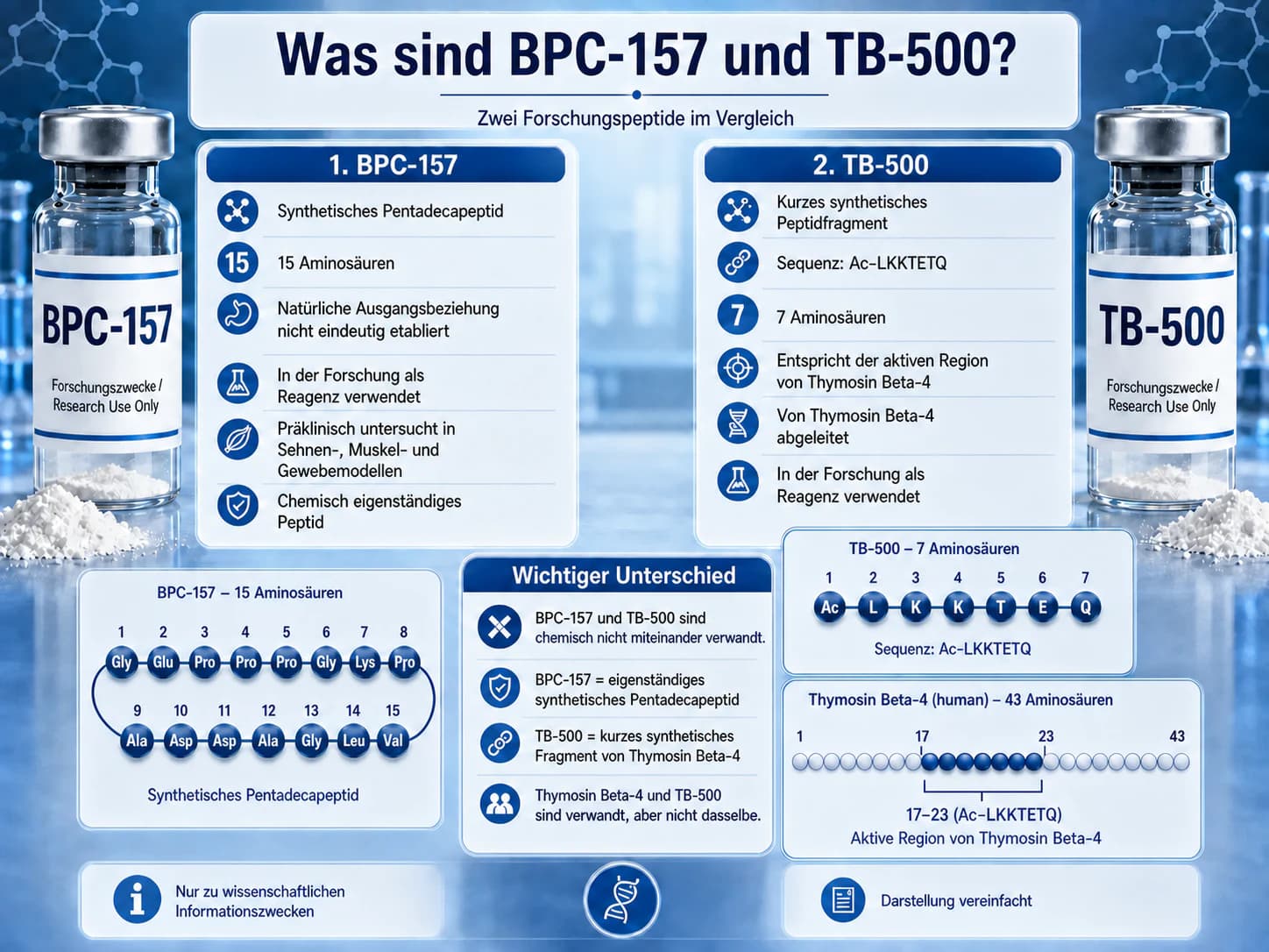 Was sind BPC-157 und TB-500? Vergleich der Forschungspeptide mit der BPC-157-Sequenz GEPPPGKPADDAGLV und der TB-500-Sequenz Ac-LKKTETQ.