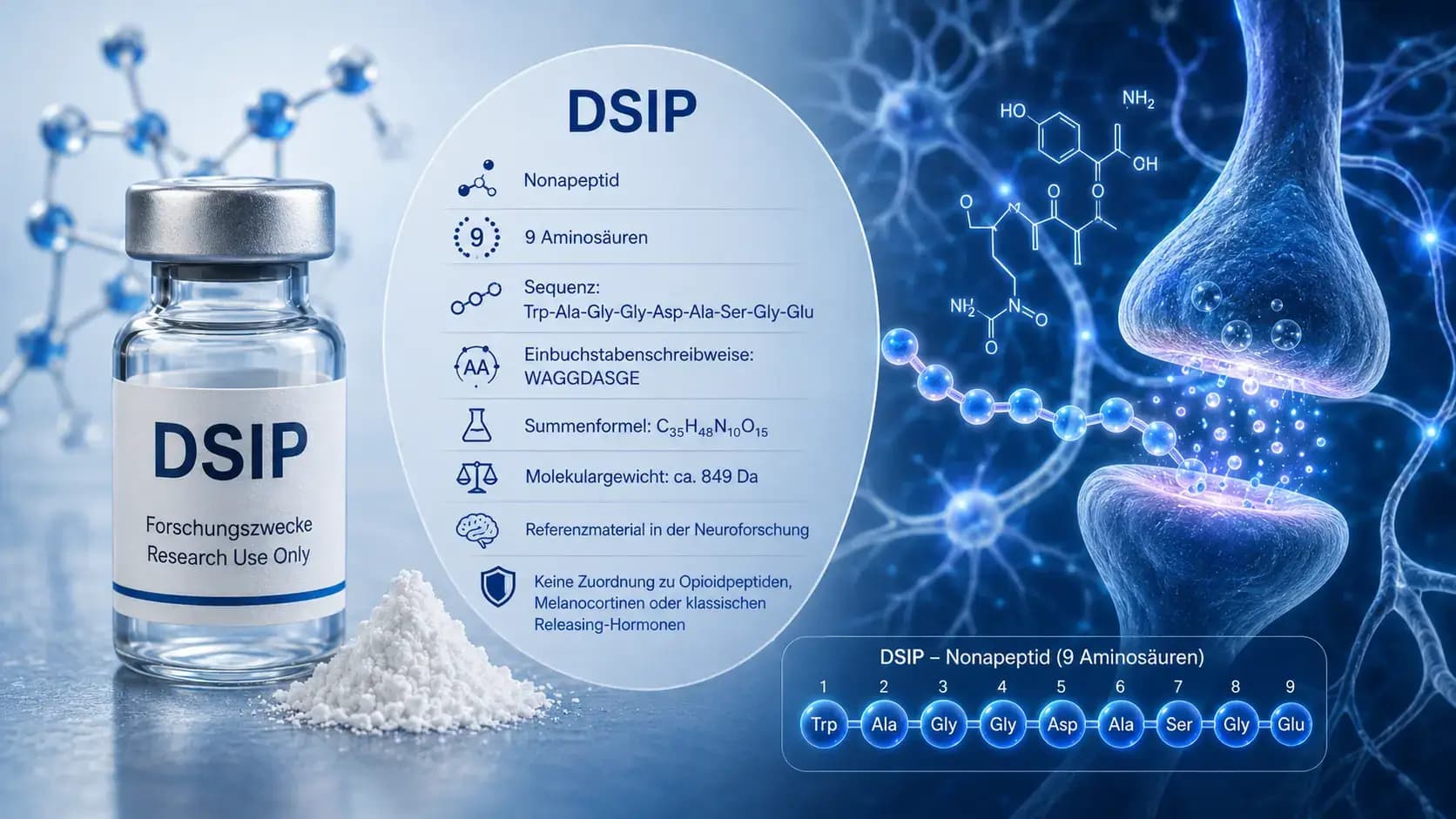 Was ist DSIP? Visualisierung des Nonapeptids aus neun Aminosäuren mit Sequenz und synaptischem Forschungskontext.
