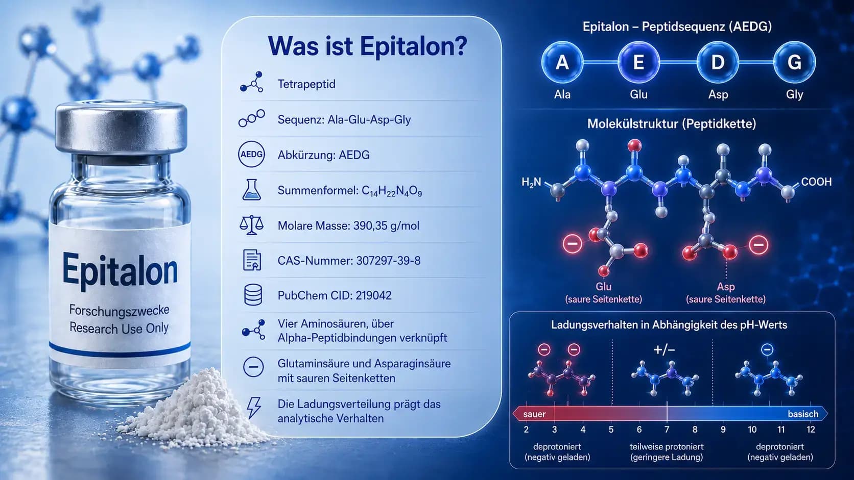 Was ist Epitalon? Visualisierung des AEDG-Tetrapeptids Ala-Glu-Asp-Gly mit Molekülstruktur und pH-abhängigem Ladungsverhalten.