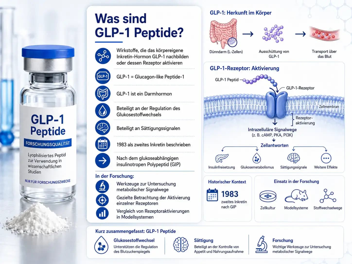 Was sind GLP-1 Peptide? Infografik zu Herkunft, GLP-1-Rezeptoraktivierung, Inkretin-Signalwegen und Forschungsmodellen