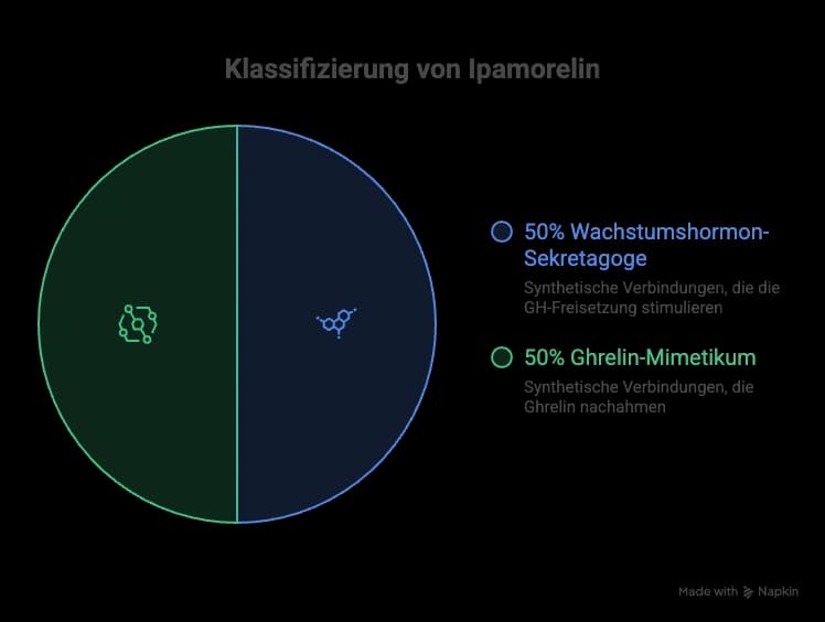 Diagramm: Wie wird Ipamorelin klassifiziert? 50% Wachstumshormon-Sekretagog und 50% Ghrelin-Mimetikum.